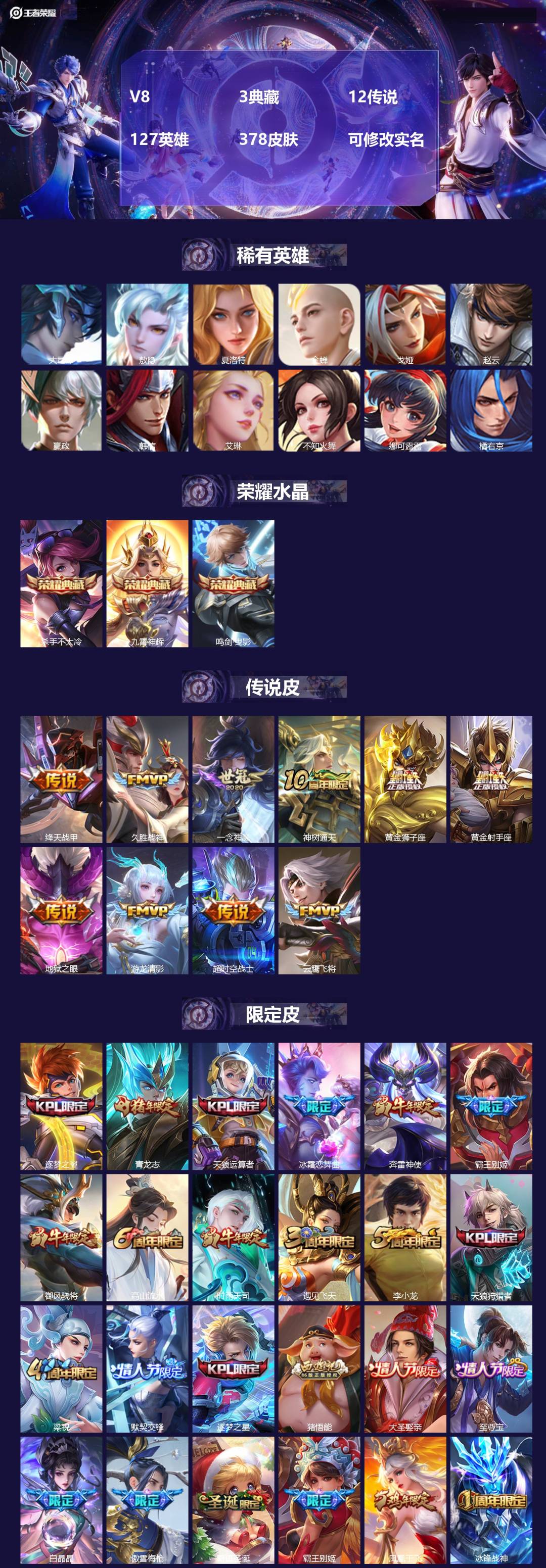 王者荣耀账号苹果QQV8 3典藏 12传说 127英雄 378皮肤 可修改实名 
【英雄全皮】敖隐全皮,空空儿全皮,蚩奼