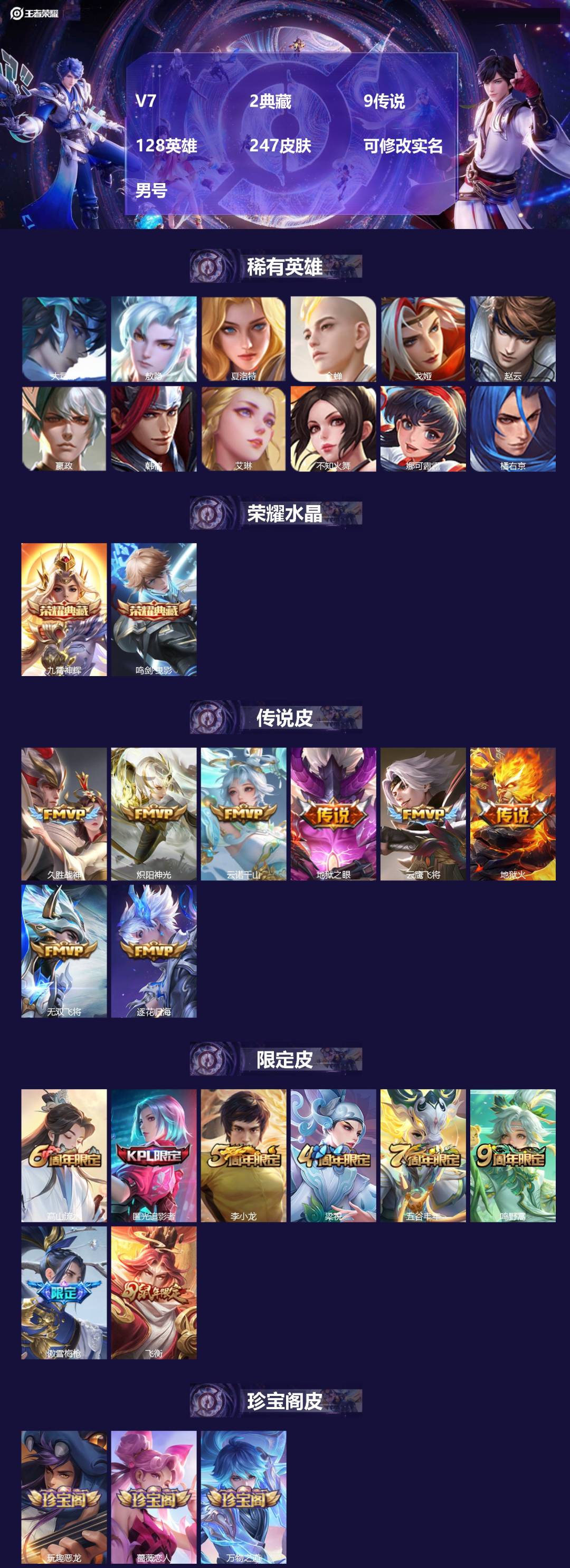 王者荣耀账号安卓QQV7 2典藏 9传说 128英雄 247皮肤 可修改实名 男号 
【英雄全皮】蚩奼全皮,莱西奥全皮,