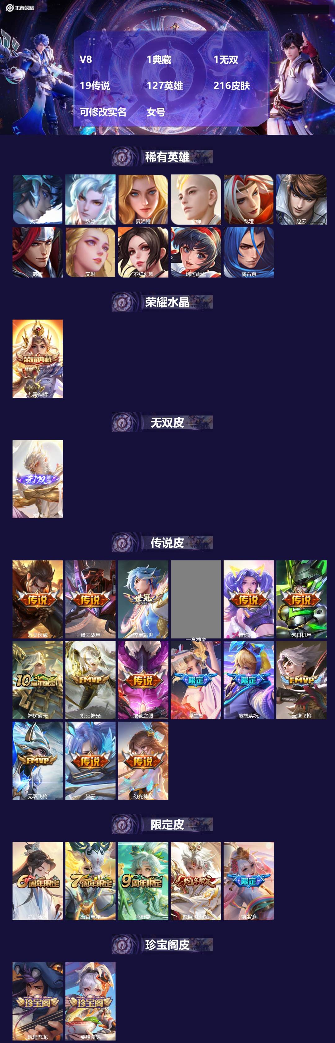 王者荣耀账号安卓QQ[17277039]V8 1典藏 1无双 19传说 127英雄 216皮肤 可修改实名 女号 
【英