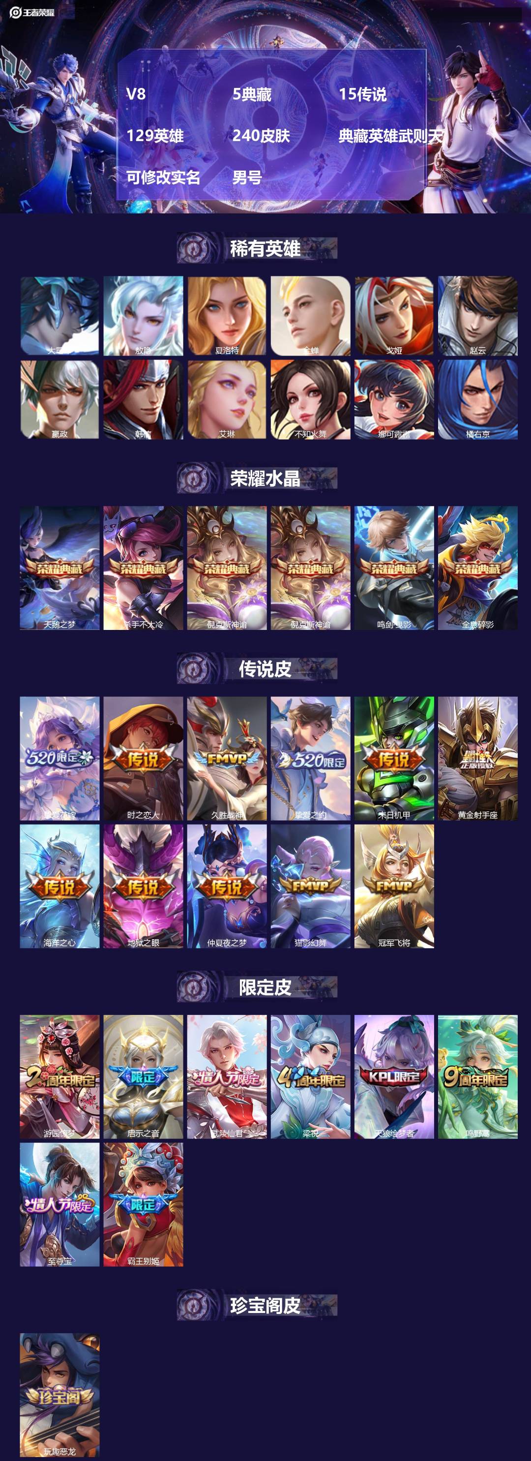 王者荣耀账号苹果QQ[17297957]V8 5典藏 15传说 129英雄 240皮肤 典藏英雄武则天 可修改实名 男号