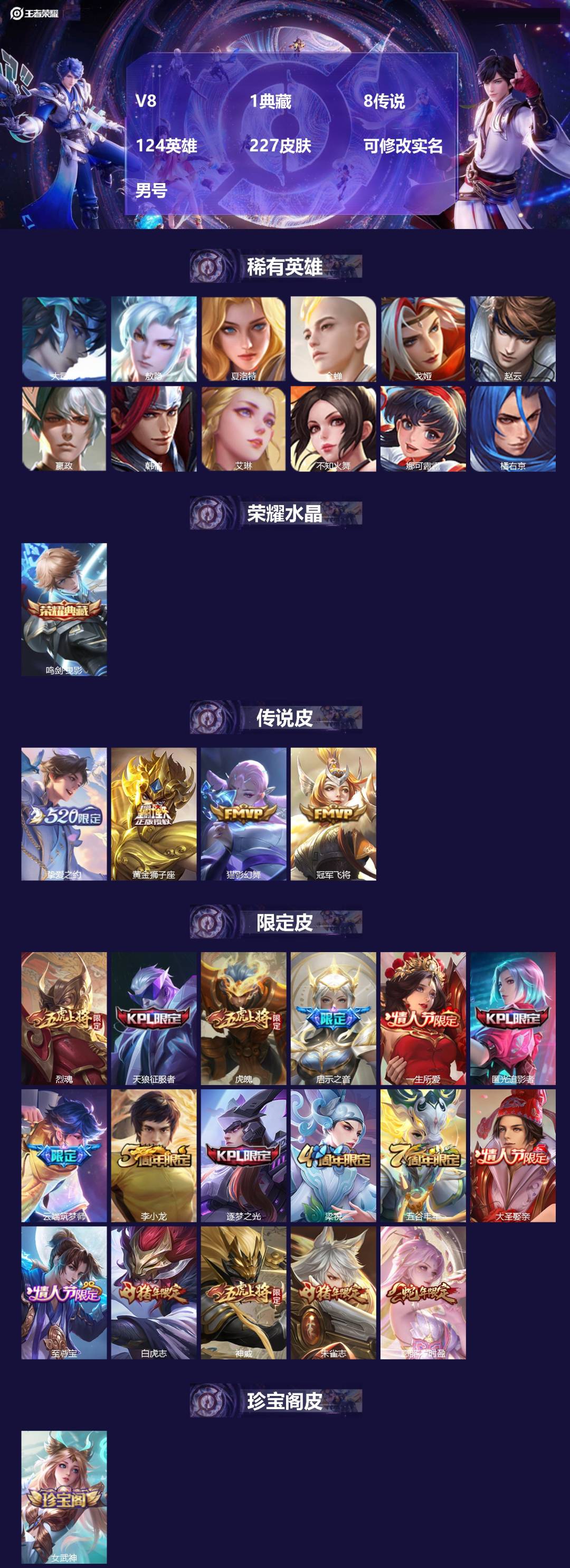 王者荣耀账号安卓QQ124英雄-227皮肤-[]V8 1典藏 8传说 124英雄 227皮肤 可修改实名 男号 
【稀有