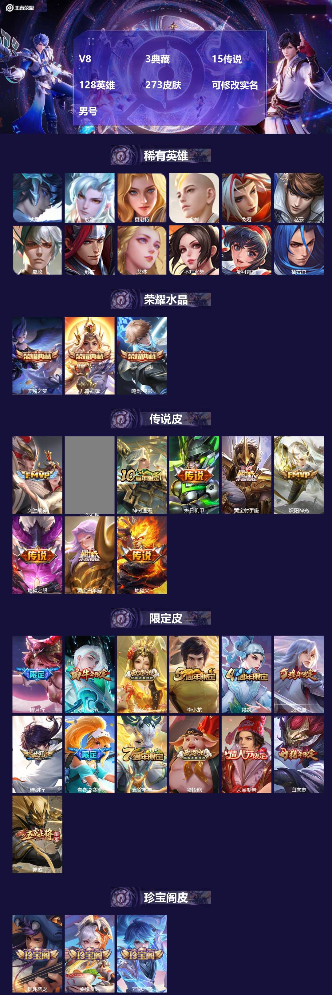 王者荣耀账号苹果QQ128英雄-273皮肤-[]V8 3典藏 15传说 128英雄 273皮肤 可修改实名 男号 
【英