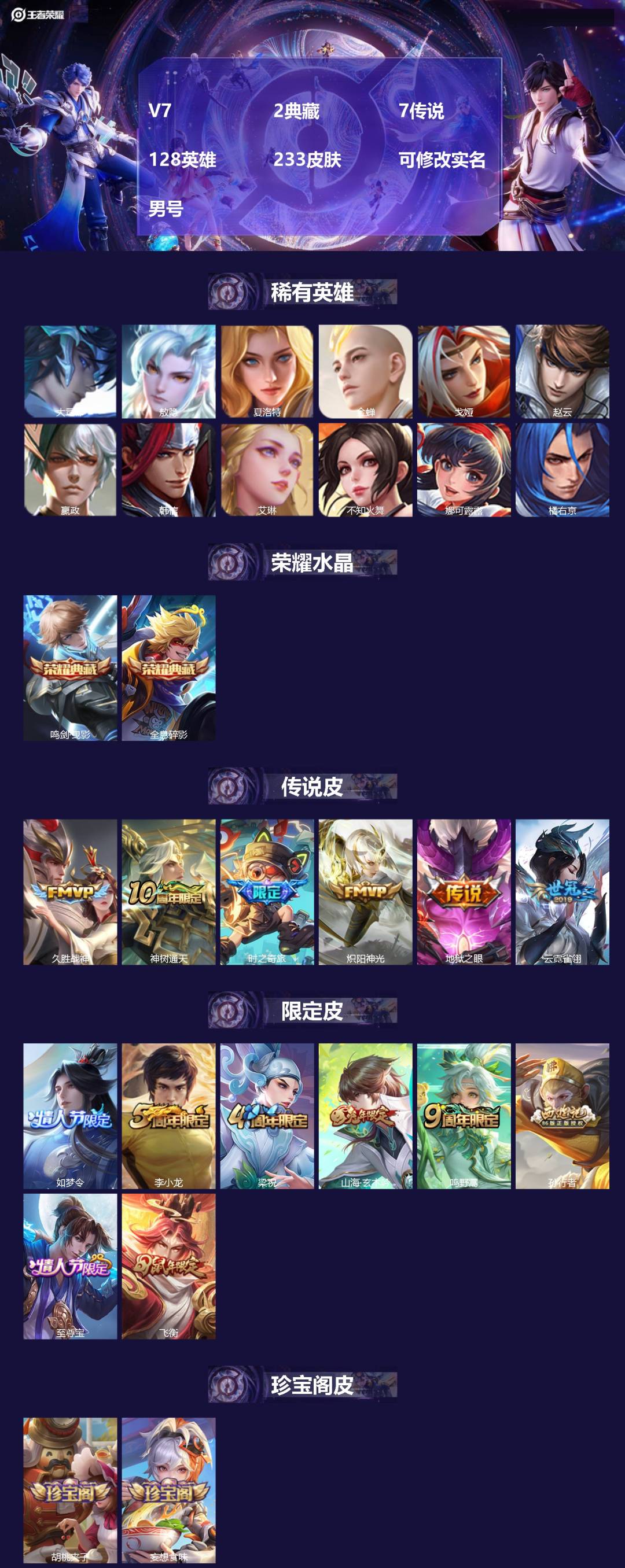 王者荣耀账号安卓QQ128英雄-233皮肤-[]V7 2典藏 7传说 128英雄 233皮肤 可修改实名 男号 
【英雄