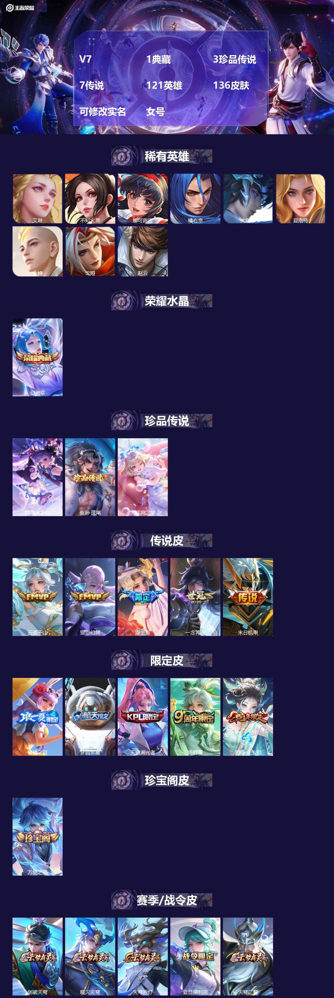 王者荣耀账号安卓VX[17321209]V7 1典藏 3珍品传说 7传说 121英雄 136皮肤 可修改实名 
【英雄全