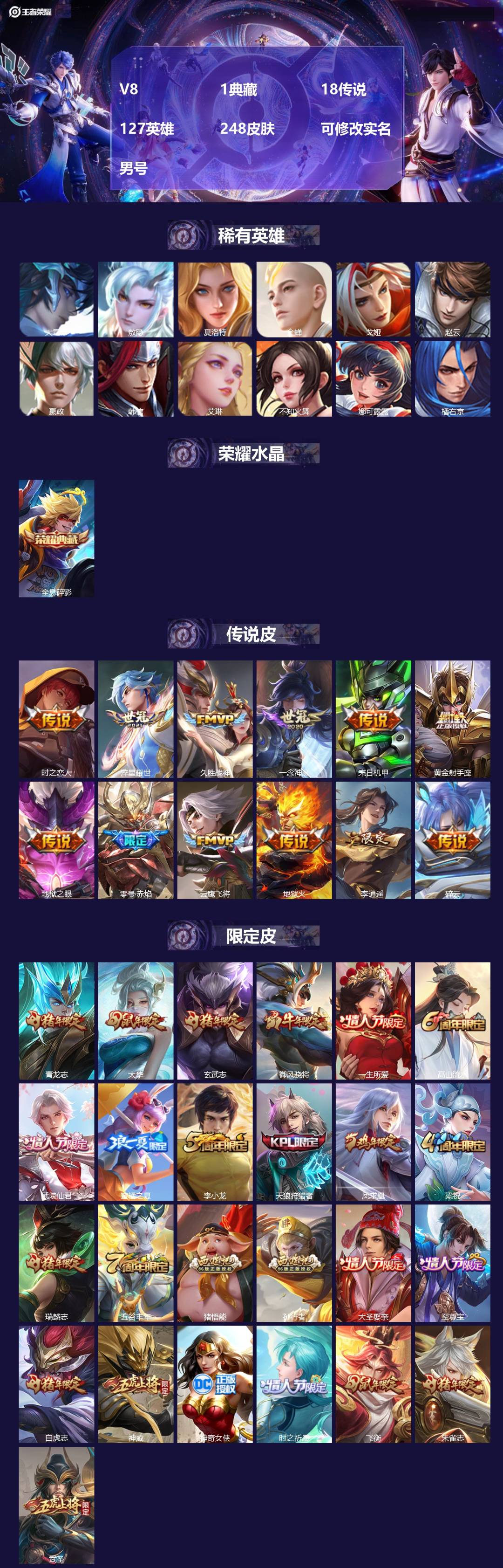 王者荣耀账号安卓QQ[17328576]V8 1典藏 18传说 127英雄 248皮肤 可修改实名 男号 
【英雄全皮】