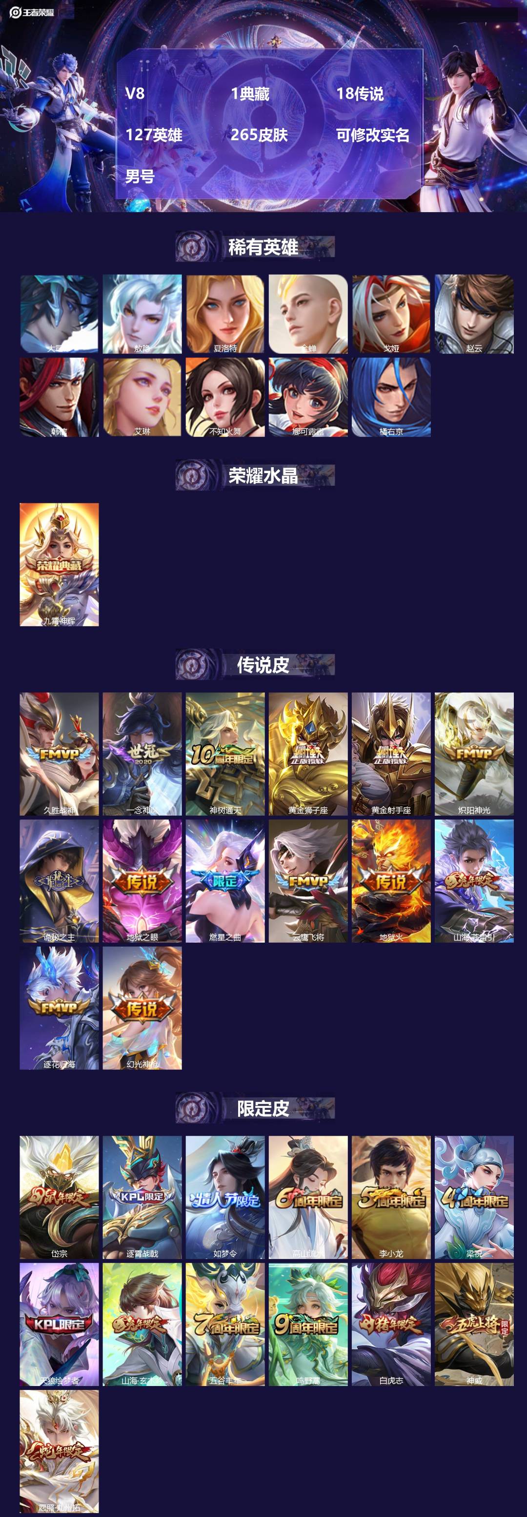 王者荣耀账号苹果QQ127英雄-265皮肤-[]V8 1典藏 18传说 127英雄 265皮肤 可修改实名 男号 
【英