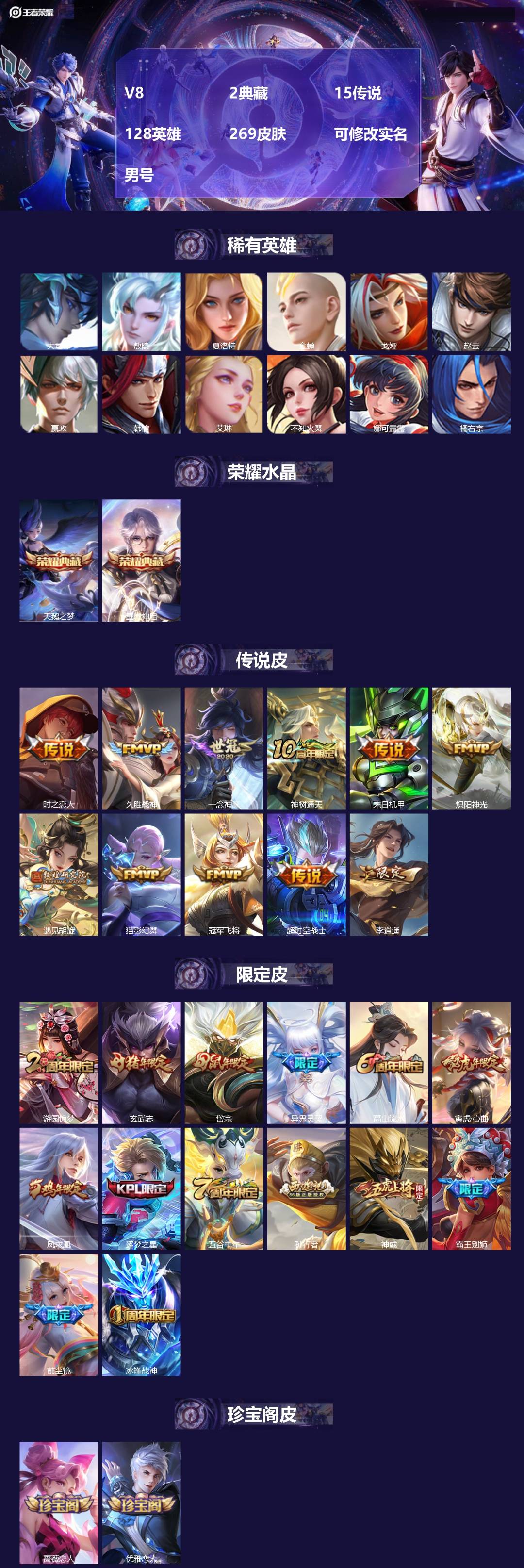 王者荣耀账号苹果QQ[17330282]V8 2典藏 15传说 128英雄 269皮肤 可修改实名 男号 
【英雄全皮】