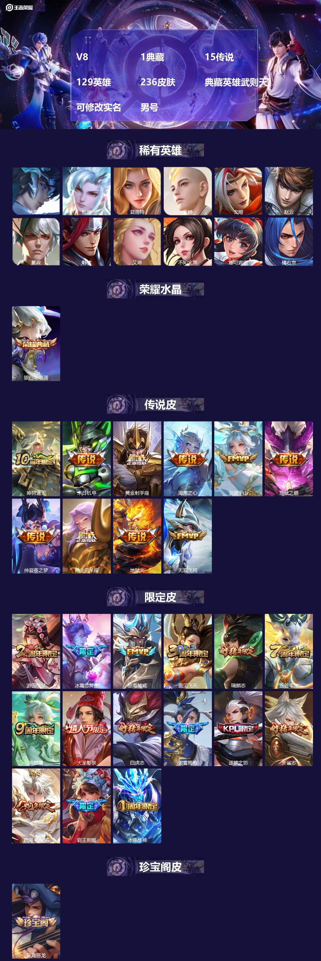 王者荣耀账号安卓QQ129英雄-236皮肤-[]V8 1典藏 15传说 129英雄 236皮肤 典藏英雄武则天 可修改实