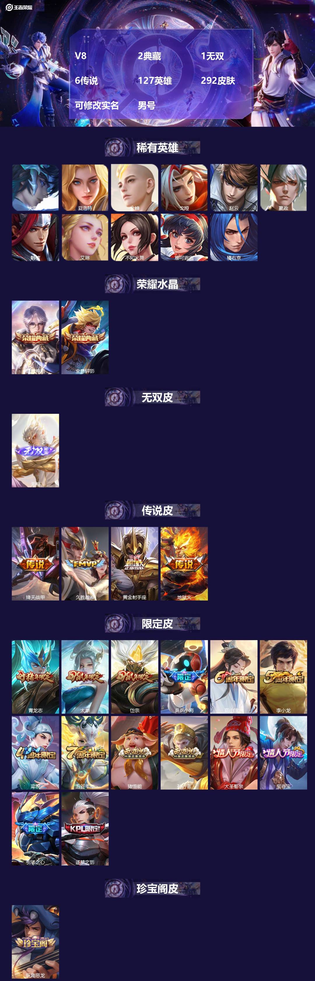 王者荣耀账号苹果QQ[17331381]V8 2典藏 1无双 6传说 127英雄 292皮肤 可修改实名 男号 
【英雄