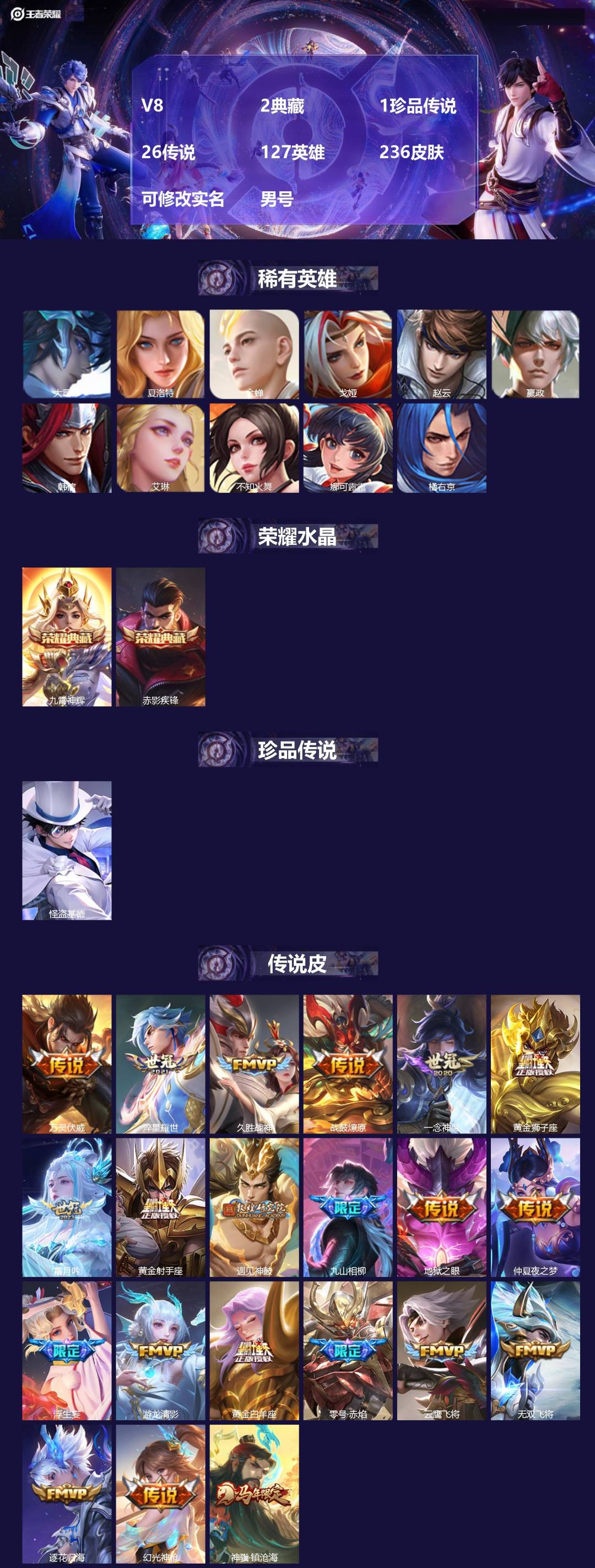 王者荣耀账号安卓QQ[17331593]V8 2典藏 1珍品传说 26传说 127英雄 236皮肤 可修改实名 男号 
