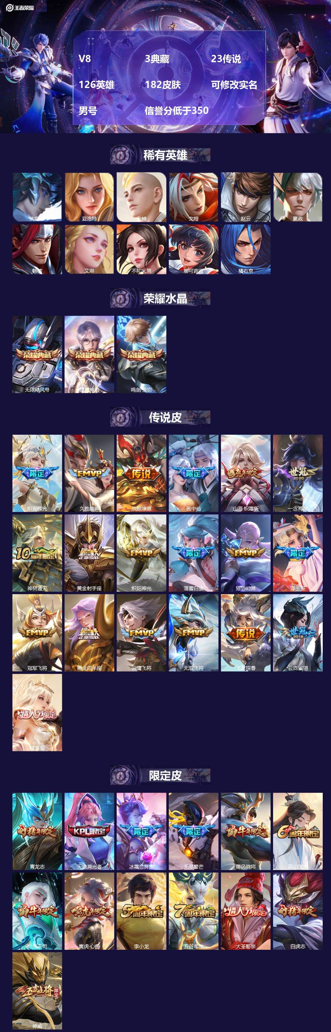 王者荣耀账号安卓QQ[17332830]V8 3典藏 23传说 126英雄 182皮肤 可修改实名 男号 信誉分低于35