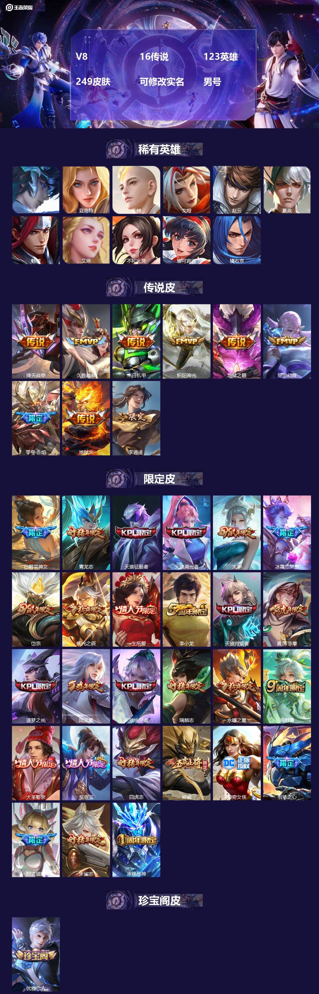 王者荣耀账号安卓QQ[17333053]V8 16传说 123英雄 249皮肤 可修改实名 男号 
【英雄全皮】刘邦全皮