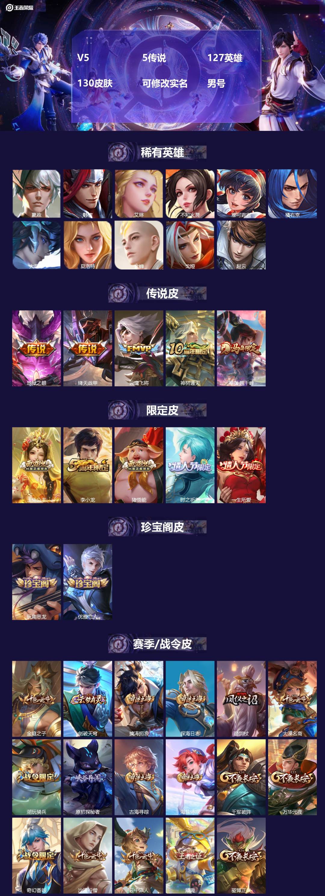 王者荣耀账号安卓QQ127英雄-130皮肤-[]V5 5传说 127英雄 130皮肤 可修改实名 男号 
【英雄全皮】蚩