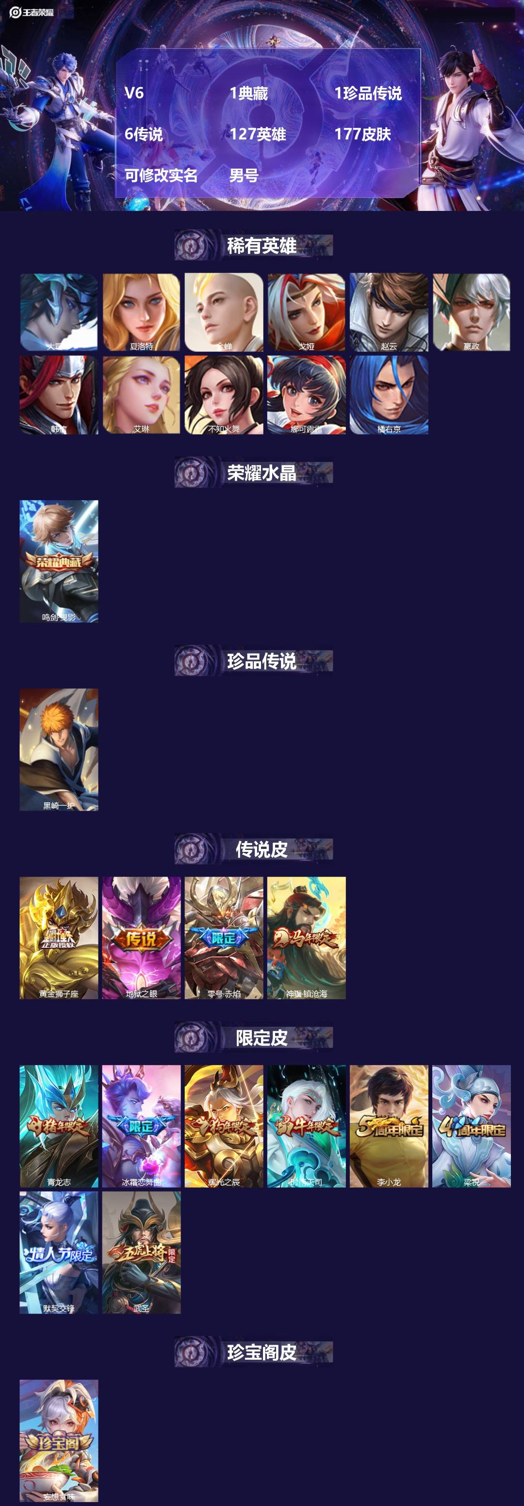 王者荣耀账号安卓QQ127英雄-177皮肤-[]V6 1典藏 1珍品传说 6传说 127英雄 177皮肤 可修改实名 男