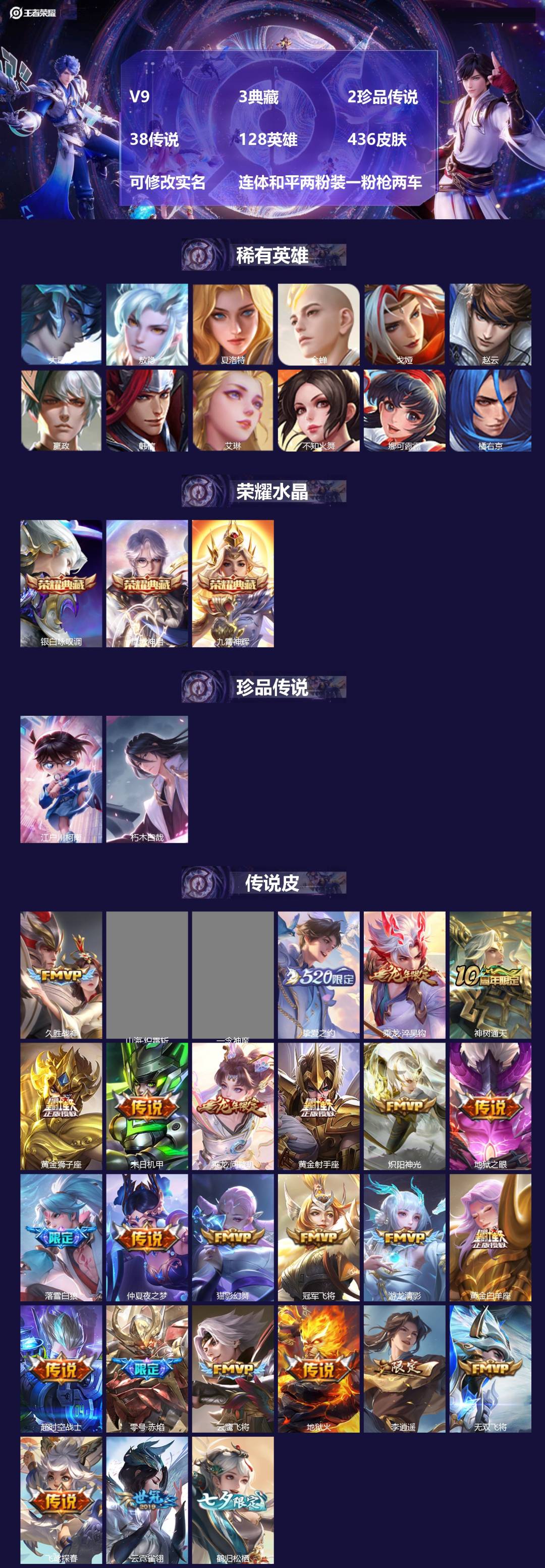 王者荣耀账号安卓QQ[17356718]V9 3典藏 2珍品传说 38传说 128英雄 436皮肤 可修改实名 连体和平