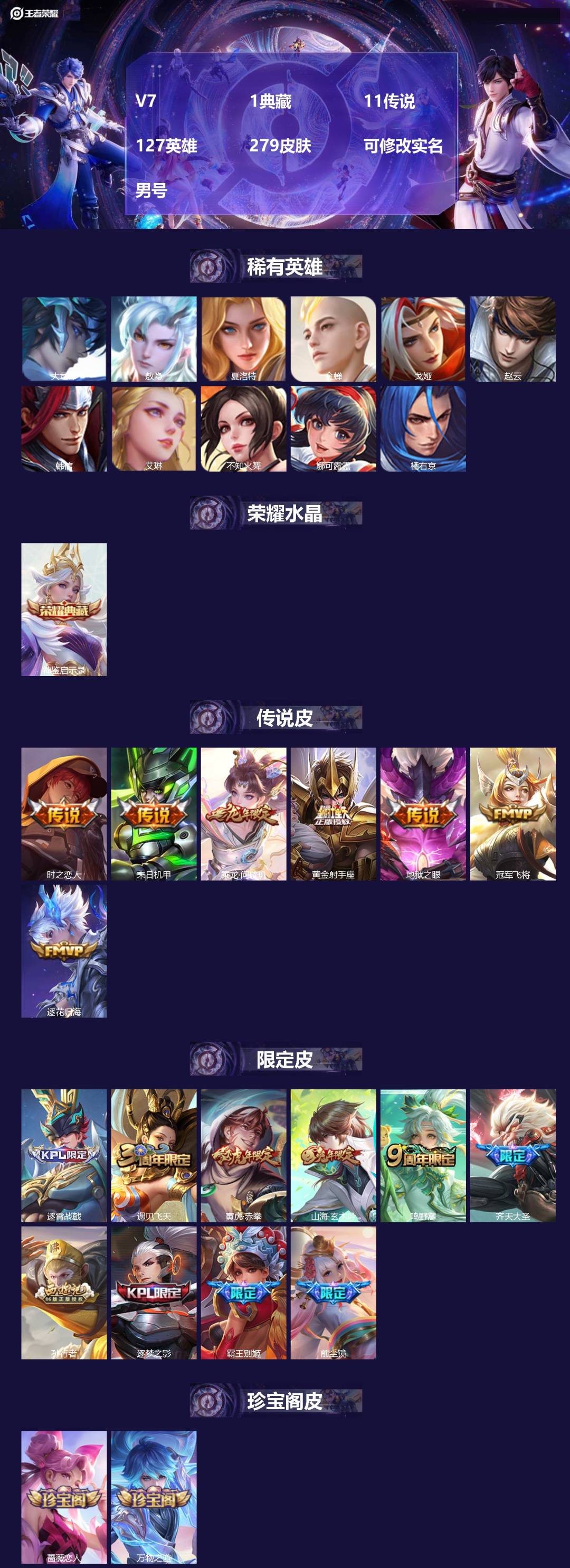 王者荣耀账号安卓QQ[17357089]V7 1典藏 11传说 127英雄 279皮肤 可修改实名 男号 
【英雄全皮】