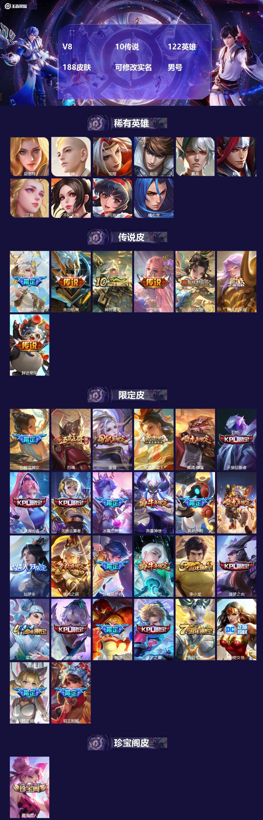 王者荣耀账号安卓QQ122英雄-188皮肤-[]V8 10传说 122英雄 188皮肤 可修改实名 男号 
【稀有英雄】