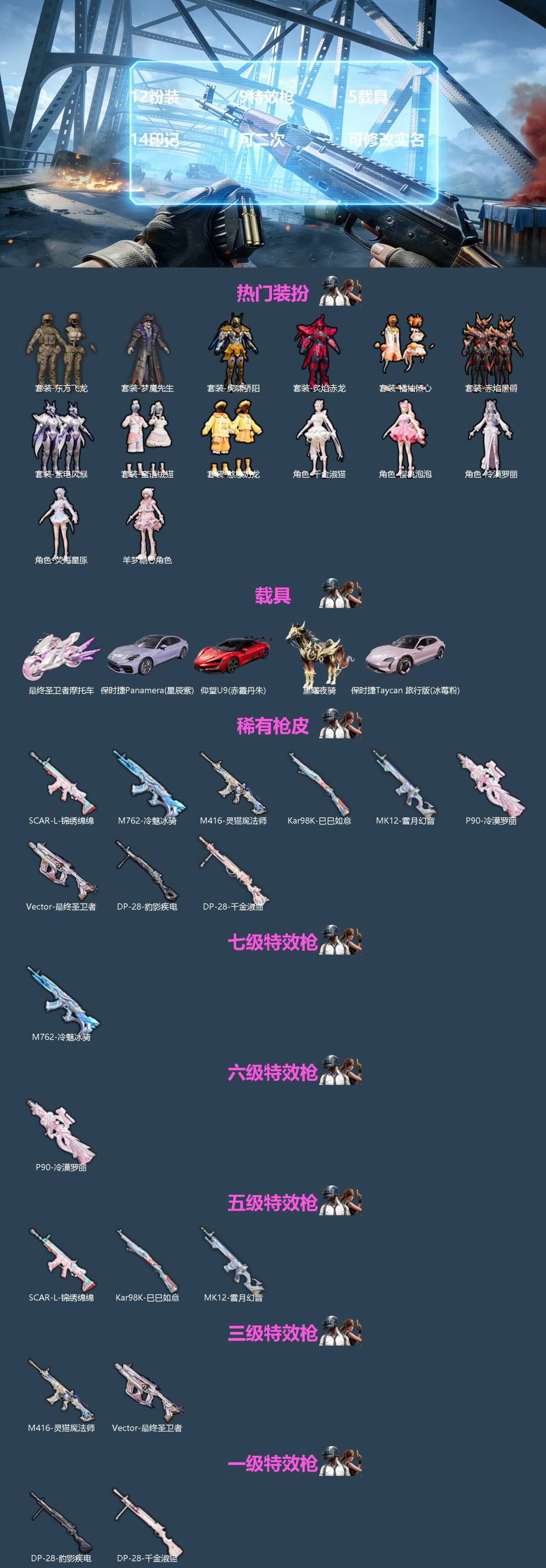 和平精英账号苹果QQ5载具-128套装-204枪皮-[]12粉装 9特效枪 5载具 14印记 可二次 可修改实名 
【热