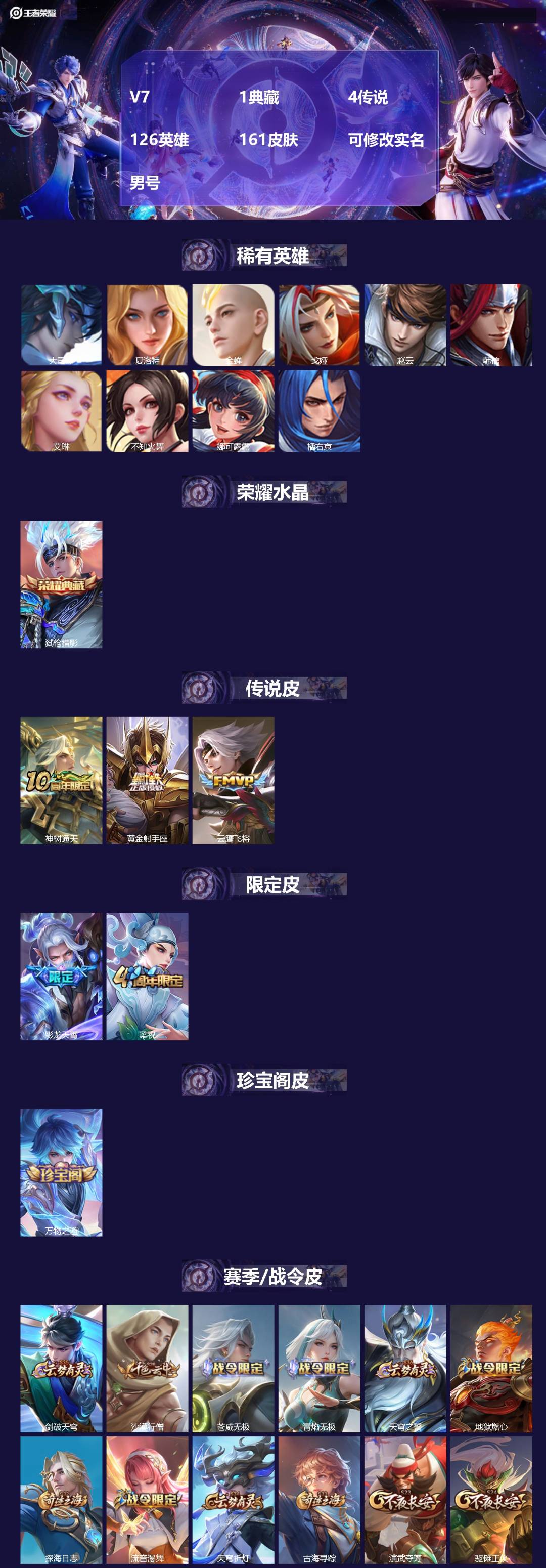 王者荣耀账号安卓VX[17279134]V7 1典藏 4传说 126英雄 161皮肤 可修改实名 男号 
【英雄全皮】蚩