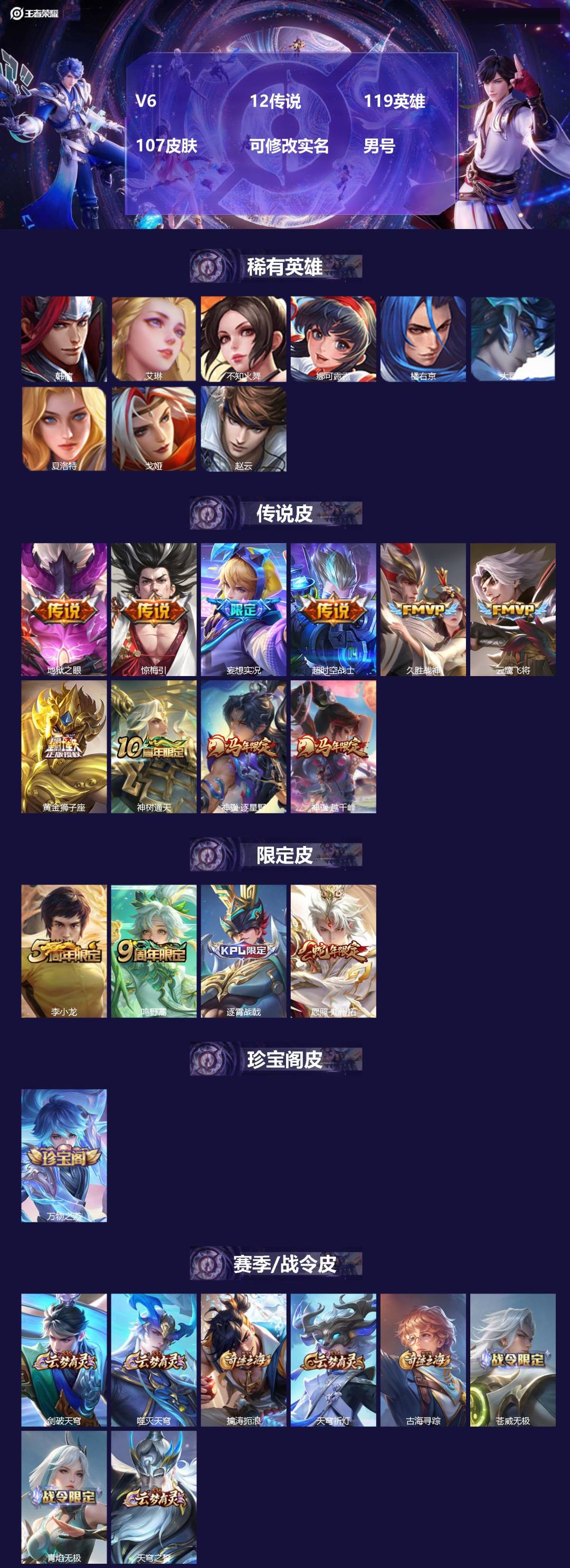 王者荣耀账号苹果QQ[17379083]V6 12传说 119英雄 107皮肤 可修改实名 男号 
【稀有英雄】大司命,