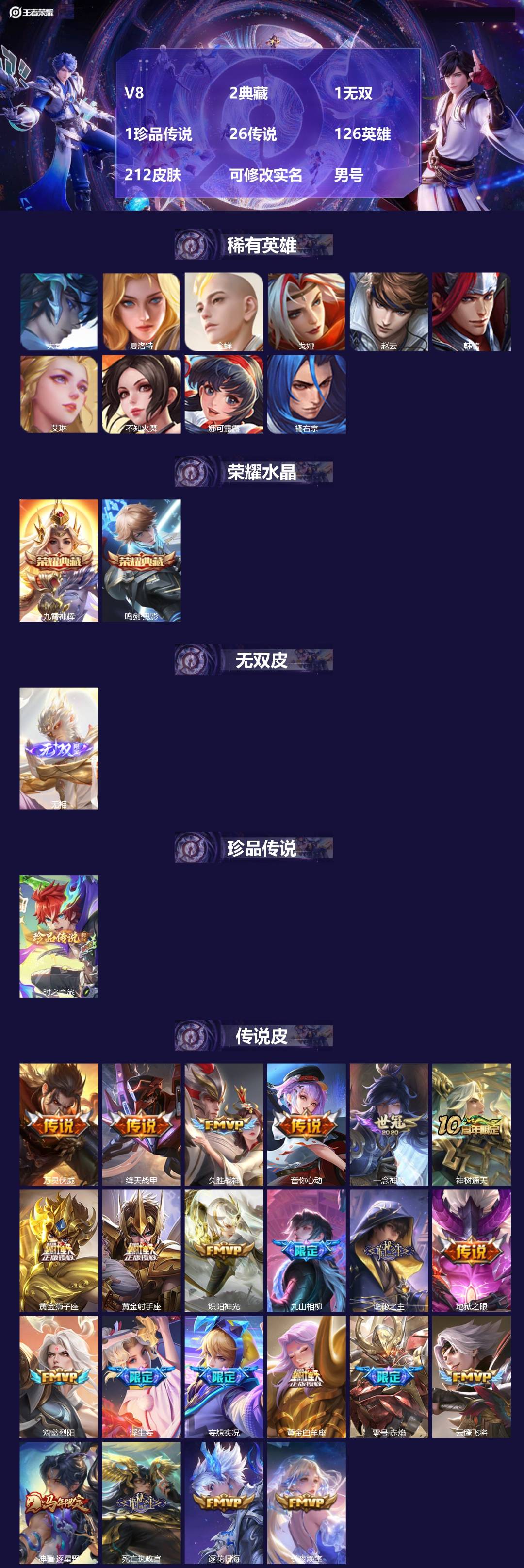 王者荣耀账号安卓VXV8 2典藏 1无双 1珍品传说 26传说 126英雄 212皮肤 可修改实名 男号 
【英雄全皮】