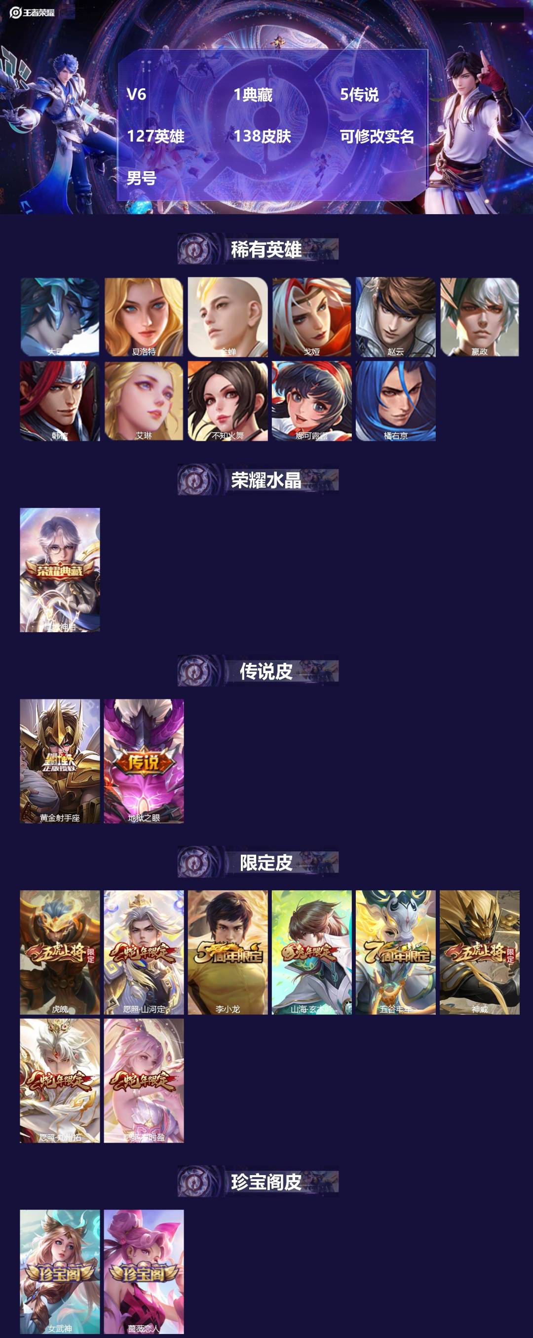 王者荣耀账号苹果QQV6 1典藏 5传说 127英雄 138皮肤 可修改实名 男号 
【英雄全皮】大禹全皮
【稀有英雄】