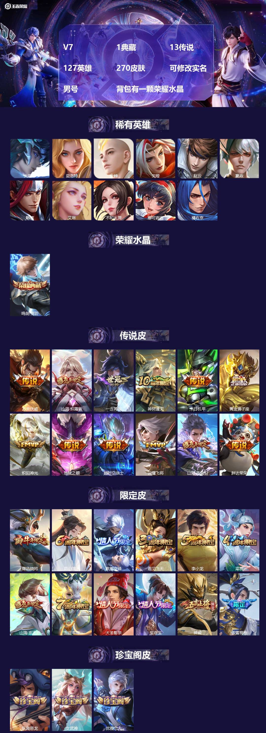 王者荣耀账号苹果QQ[17387769]V7 1典藏 13传说 127英雄 270皮肤 可修改实名 男号 背包有一颗荣耀