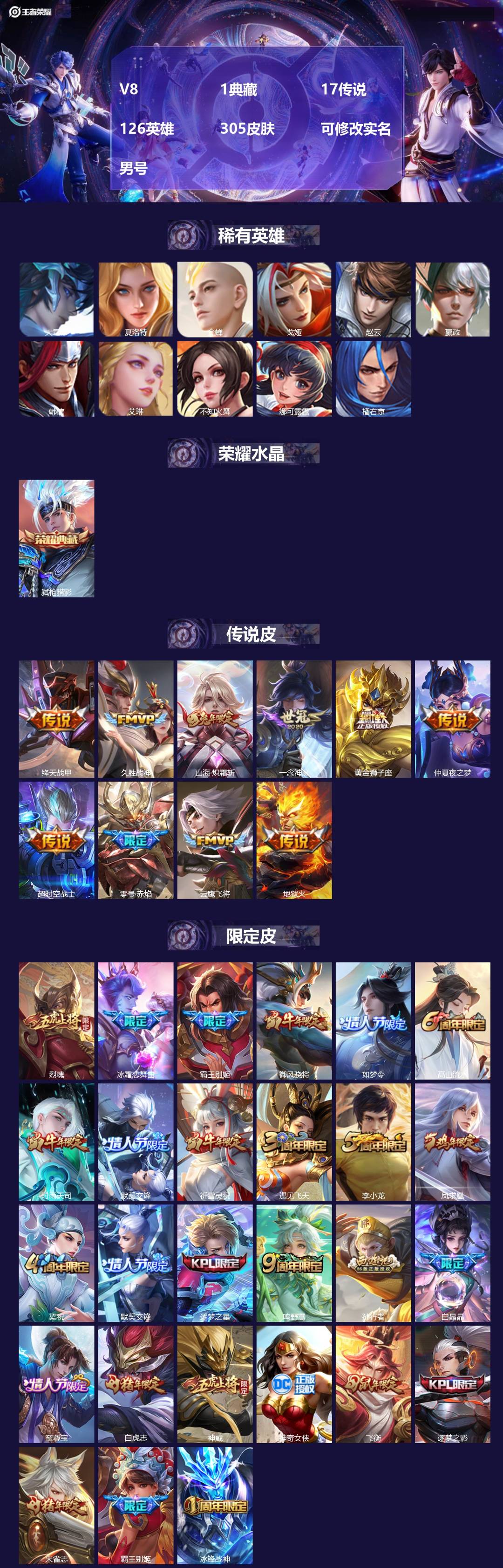 王者荣耀账号苹果QQ[17388341]V8 1典藏 17传说 126英雄 305皮肤 可修改实名 男号 
【稀有英雄】