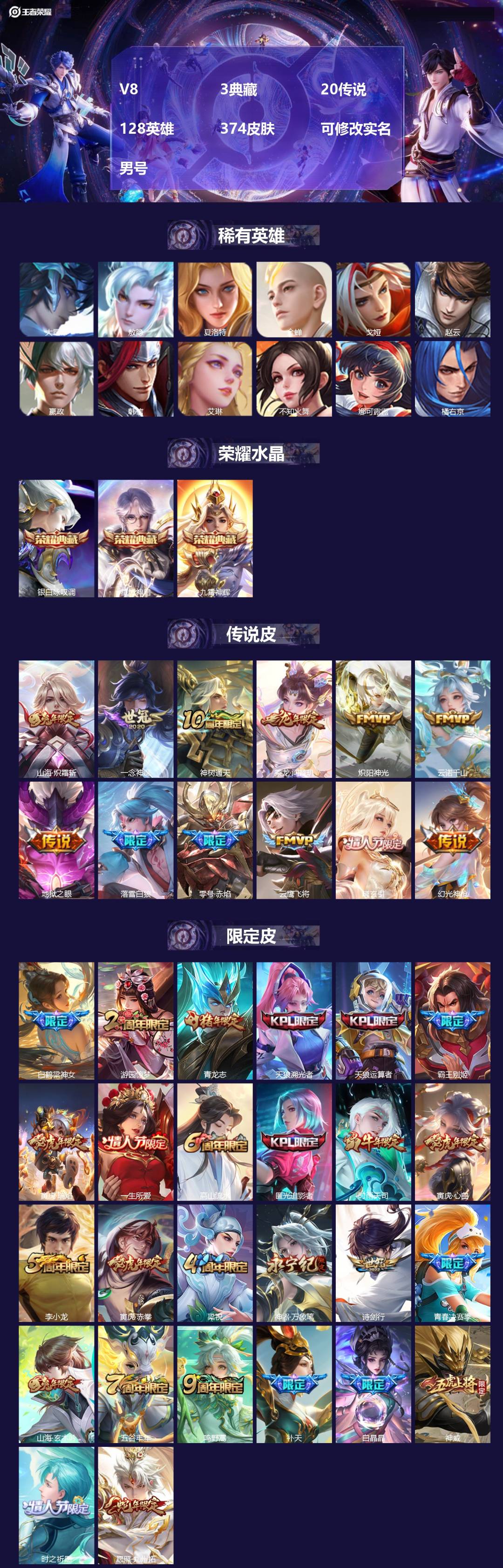 王者荣耀账号安卓QQ[17388578]V8 3典藏 20传说 128英雄 374皮肤 可修改实名 男号 
【英雄全皮】