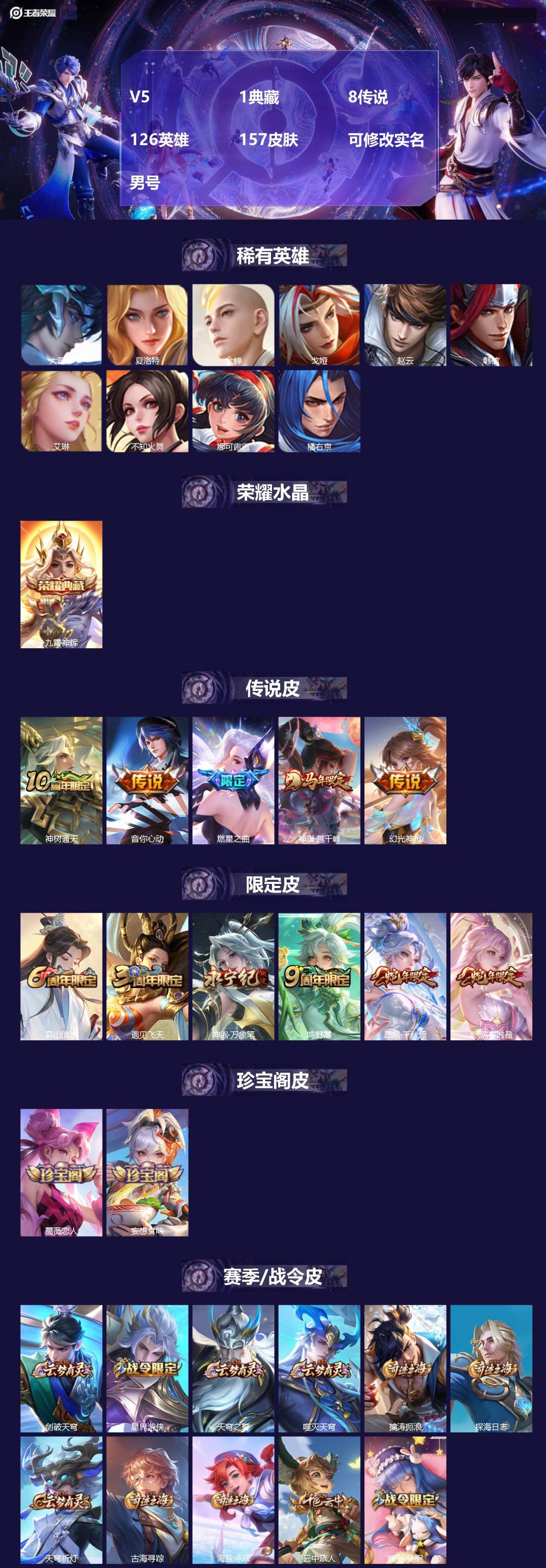 王者荣耀账号安卓QQ[17389696]V5 1典藏 8传说 126英雄 157皮肤 可修改实名 男号 
【英雄全皮】孙