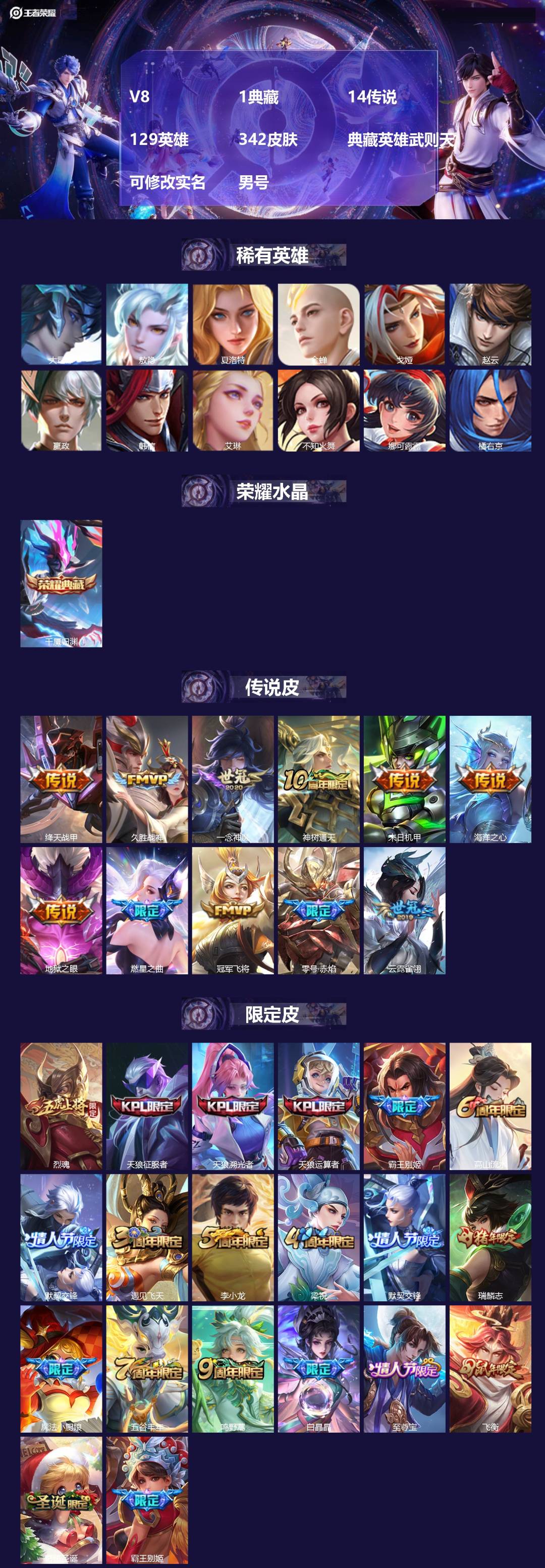 王者荣耀账号安卓QQ129英雄-342皮肤-[]V8 1典藏 14传说 129英雄 342皮肤 典藏英雄武则天 可修改实