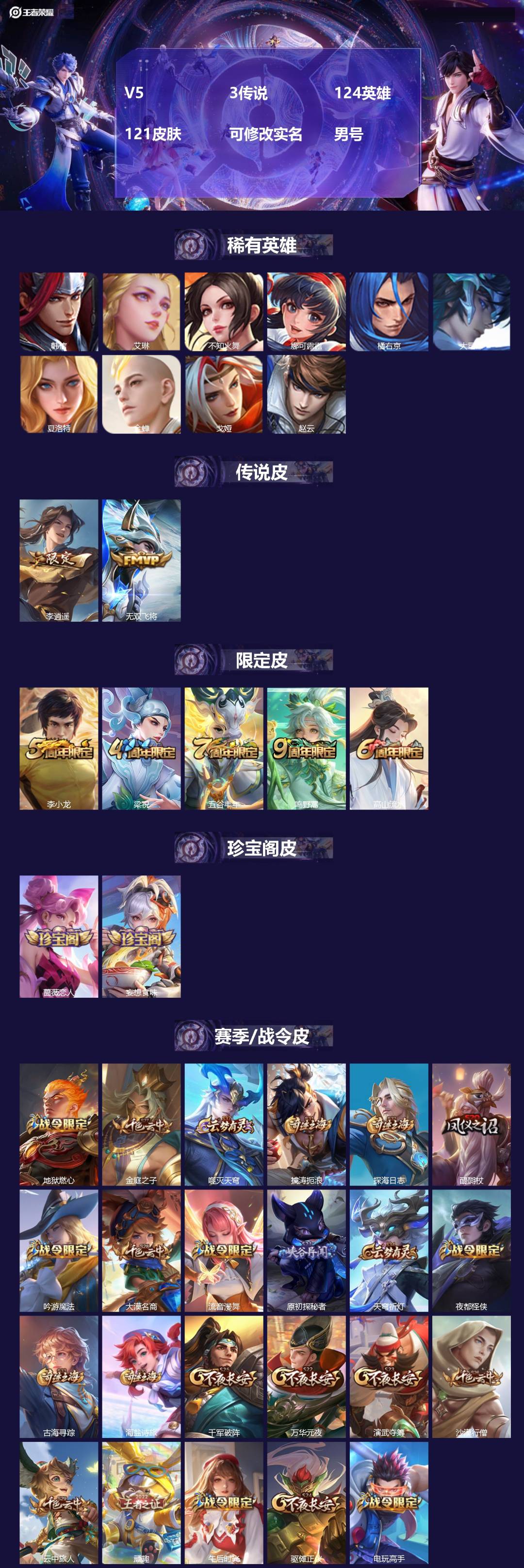 王者荣耀账号安卓VX[17391384]V5 3传说 124英雄 121皮肤 可修改实名 男号 
【英雄全皮】影全皮
【