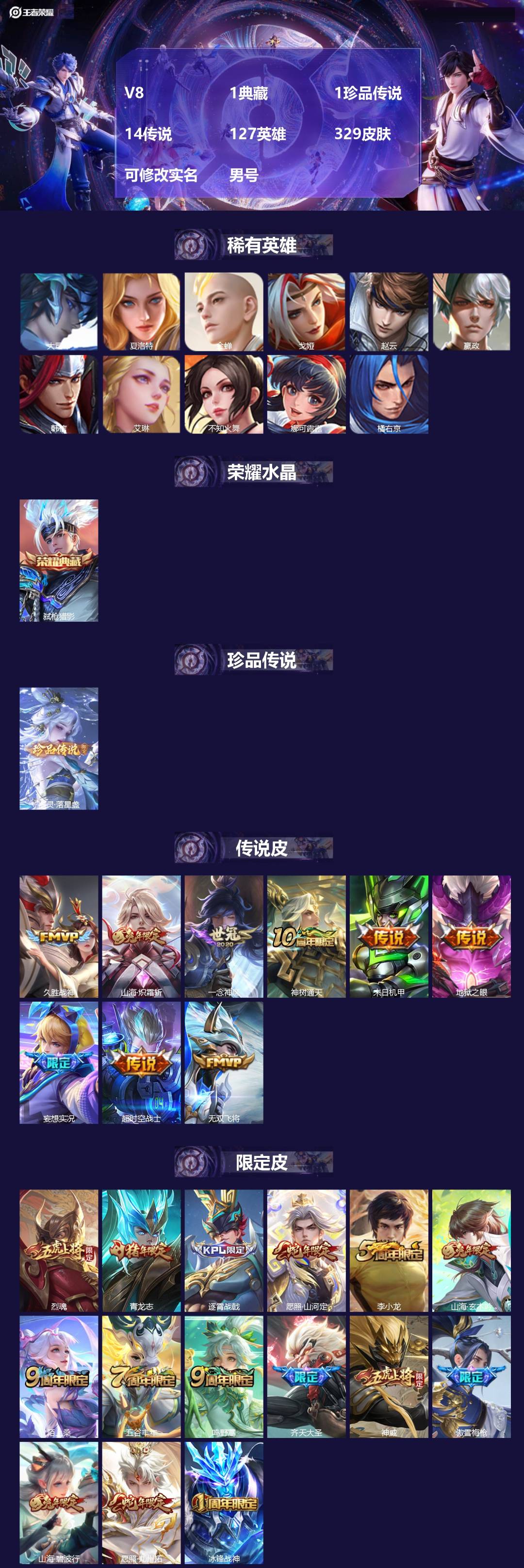 王者荣耀账号安卓QQ127英雄-329皮肤-[]V8 1典藏 1珍品传说 14传说 127英雄 329皮肤 可修改实名 