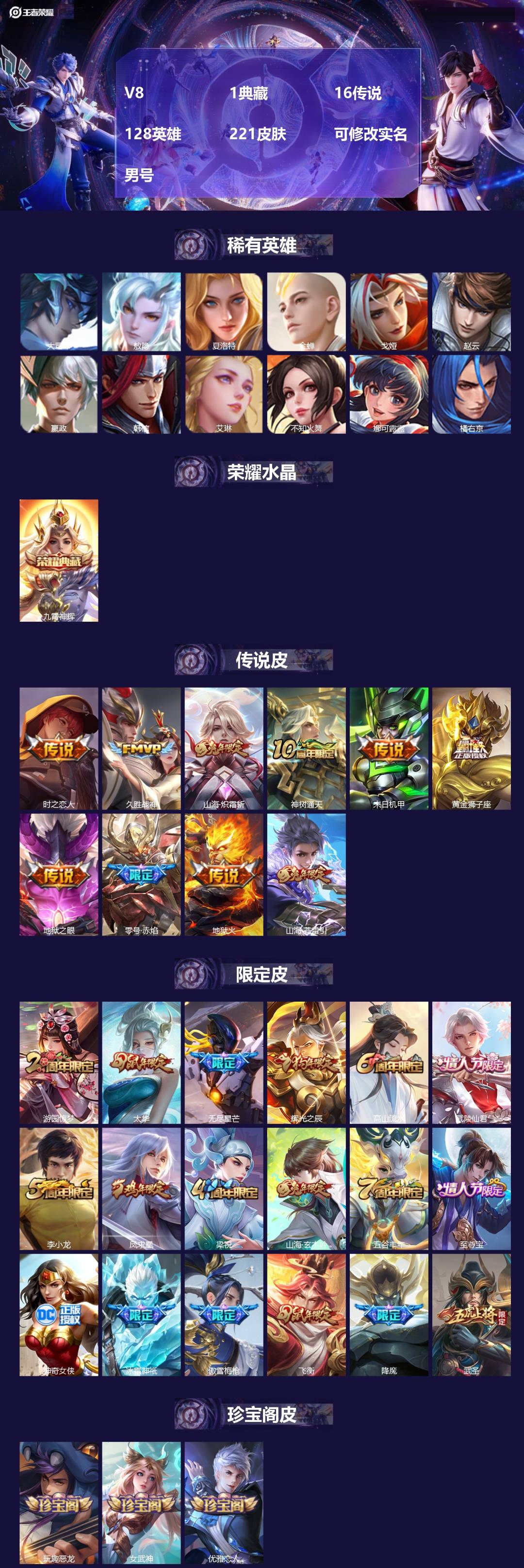 王者荣耀账号安卓QQ[17413476]V8 1典藏 16传说 128英雄 221皮肤 可修改实名 男号 
【英雄全皮】