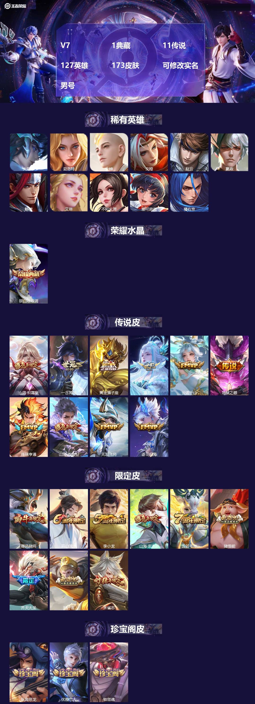 王者荣耀账号苹果QQ[17413551]V7 1典藏 11传说 127英雄 173皮肤 可修改实名 男号 
【英雄全皮】