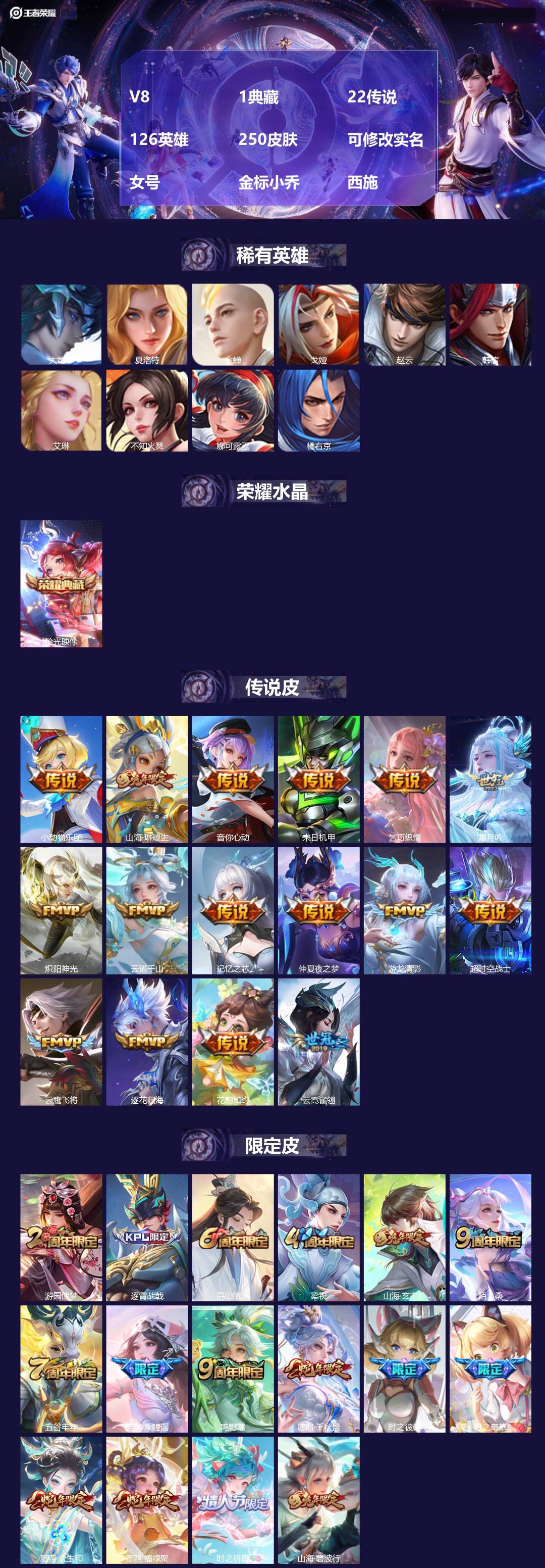 王者荣耀账号苹果QQ[17414158]V8 1典藏 22传说 126英雄 250皮肤 可修改实名 女号 金标小乔 西施