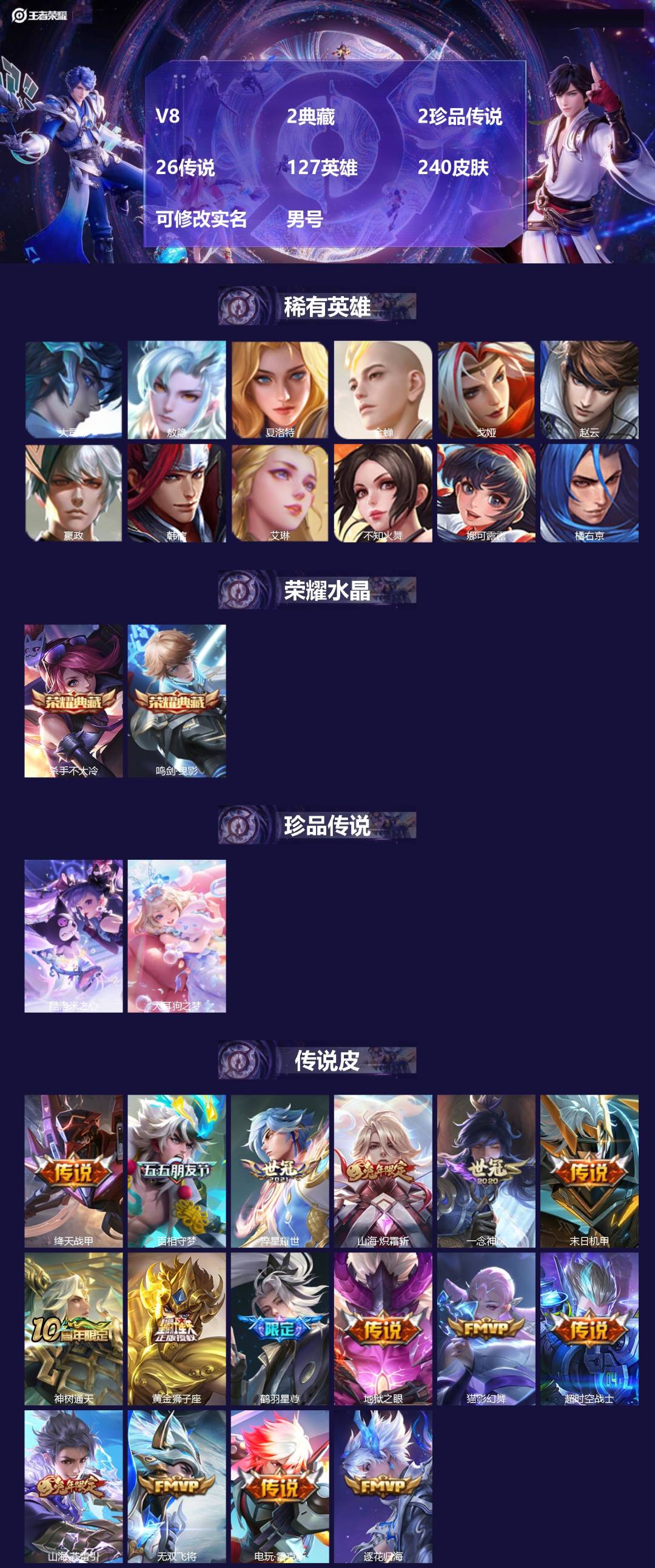 王者荣耀账号安卓QQ[17410324]V8 2典藏 2珍品传说 26传说 127英雄 240皮肤 可修改实名 男号 
