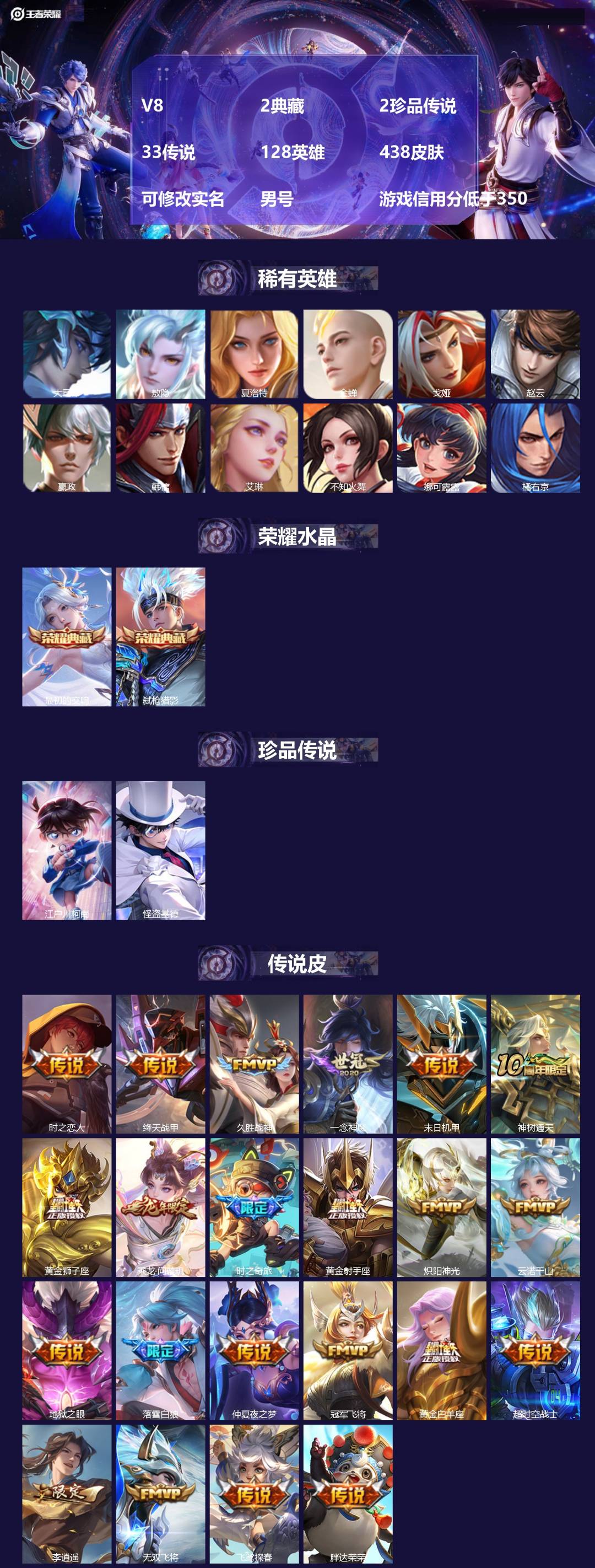 王者荣耀账号安卓QQ[17420965]V8 2典藏 2珍品传说 33传说 128英雄 438皮肤 可修改实名 男号 游