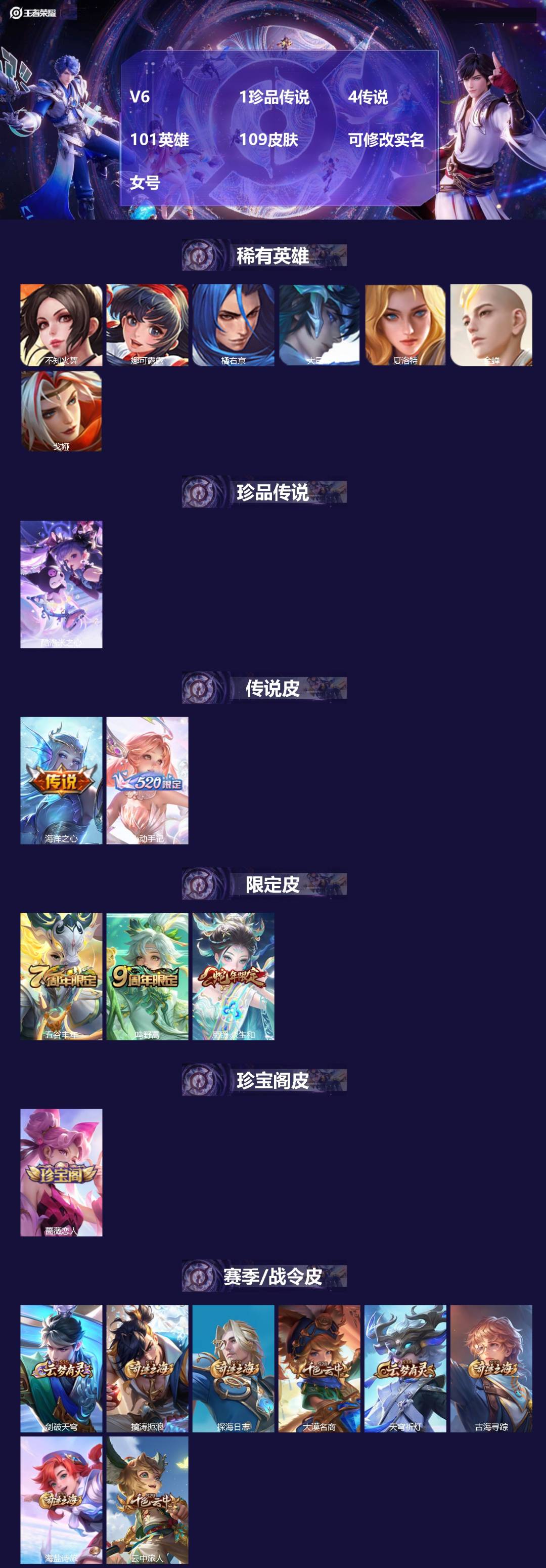 王者荣耀账号安卓QQ[17436654]V6 1珍品传说 4传说 101英雄 109皮肤 可修改实名 女号 
【英雄全皮