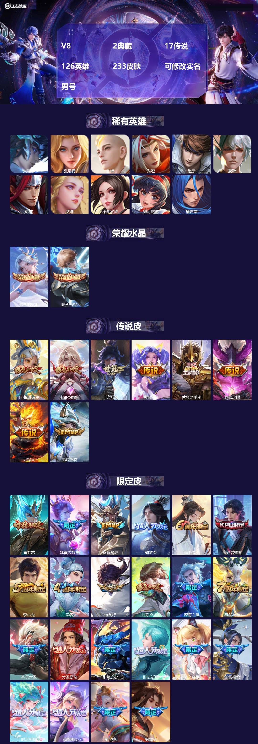 王者荣耀账号安卓QQV8 2典藏 17传说 126英雄 233皮肤 可修改实名 男号 
【稀有英雄】大司命,嬴政(始皇帝