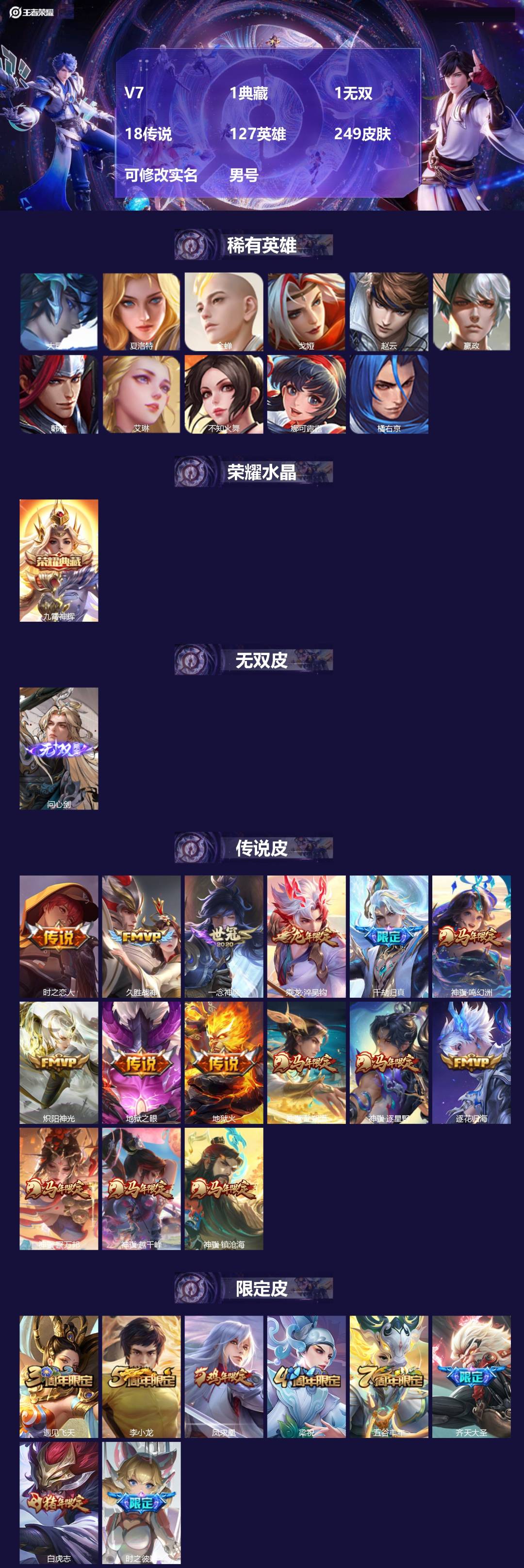 王者荣耀账号安卓QQV7 1典藏 1无双 18传说 127英雄 249皮肤 可修改实名 男号 
【英雄全皮】蚩奼全皮,大