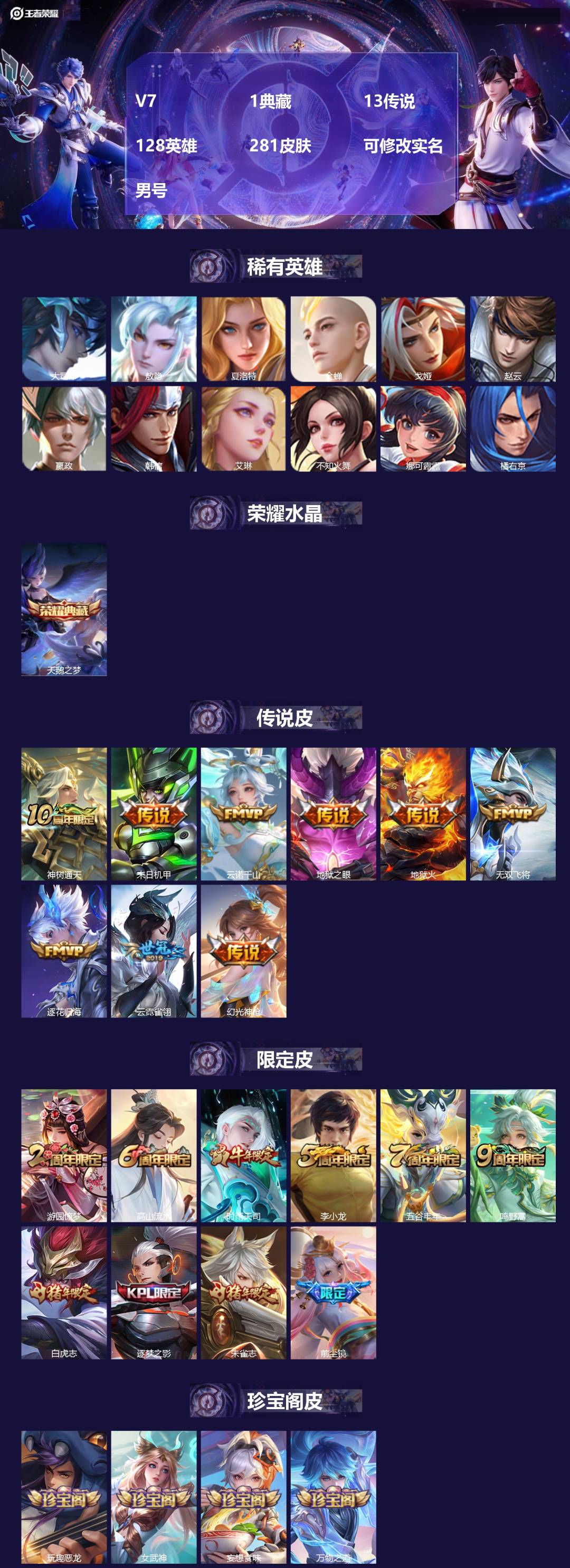 王者荣耀账号安卓QQ[17440383]V7 1典藏 13传说 128英雄 281皮肤 可修改实名 男号 
【英雄全皮】