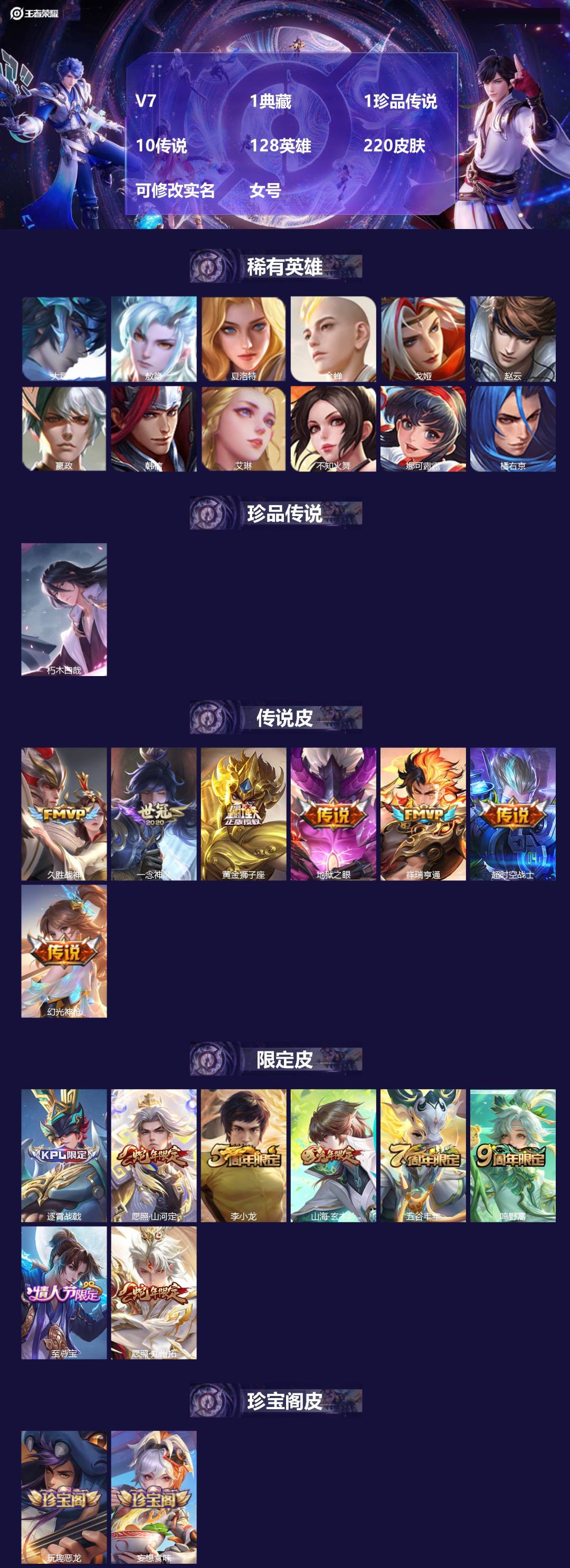 王者荣耀账号苹果QQ[17440991]V7 1典藏 1珍品传说 10传说 128英雄 220皮肤 可修改实名 女号 
