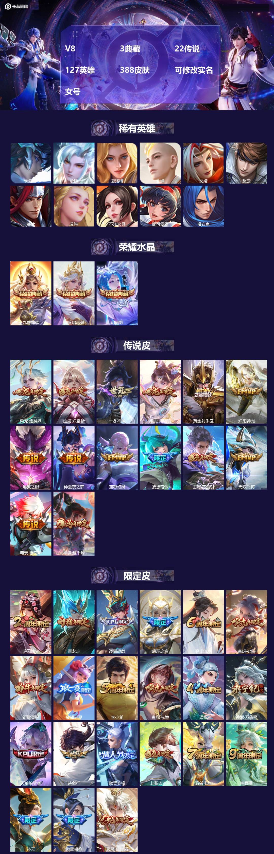 王者荣耀账号安卓QQ[17444271]V8 3典藏 22传说 127英雄 388皮肤 可修改实名 女号 
【英雄全皮】