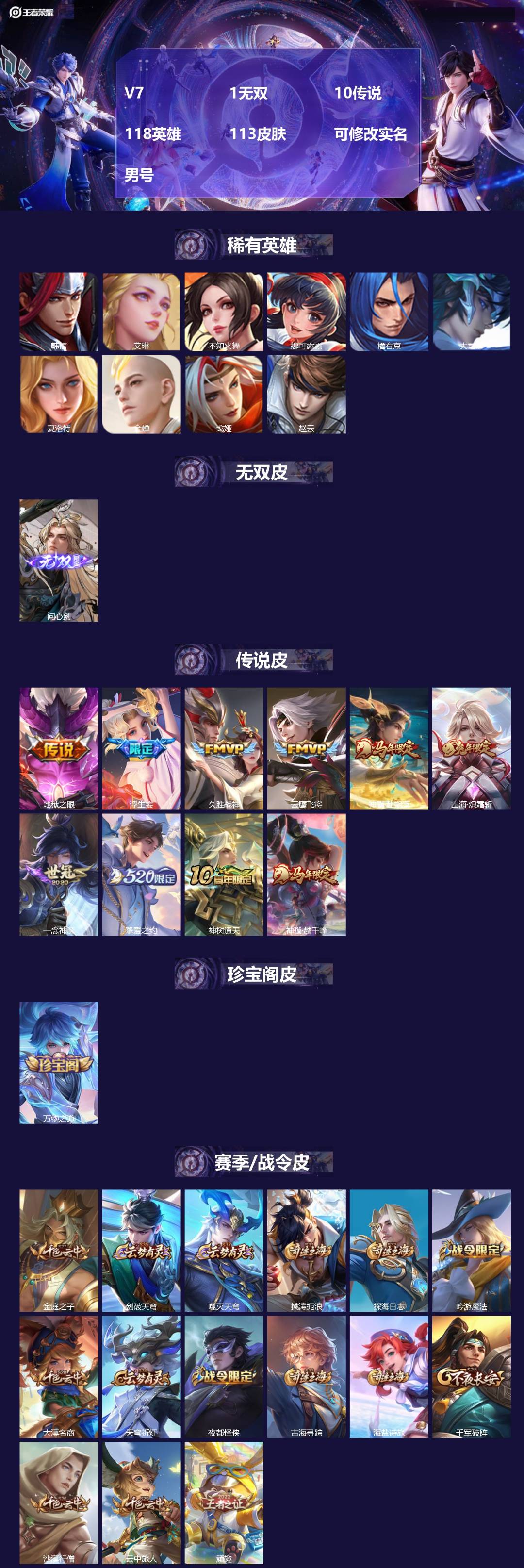 王者荣耀账号安卓VX[17455278]V7 1无双 10传说 118英雄 113皮肤 可修改实名 男号 
【英雄全皮】
