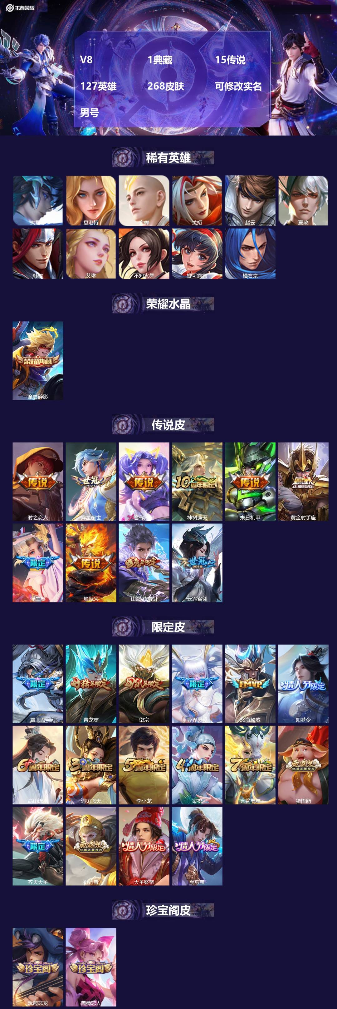 王者荣耀账号安卓QQV8 1典藏 15传说 127英雄 268皮肤 可修改实名 男号 
【英雄全皮】猪八戒全皮,大禹全皮