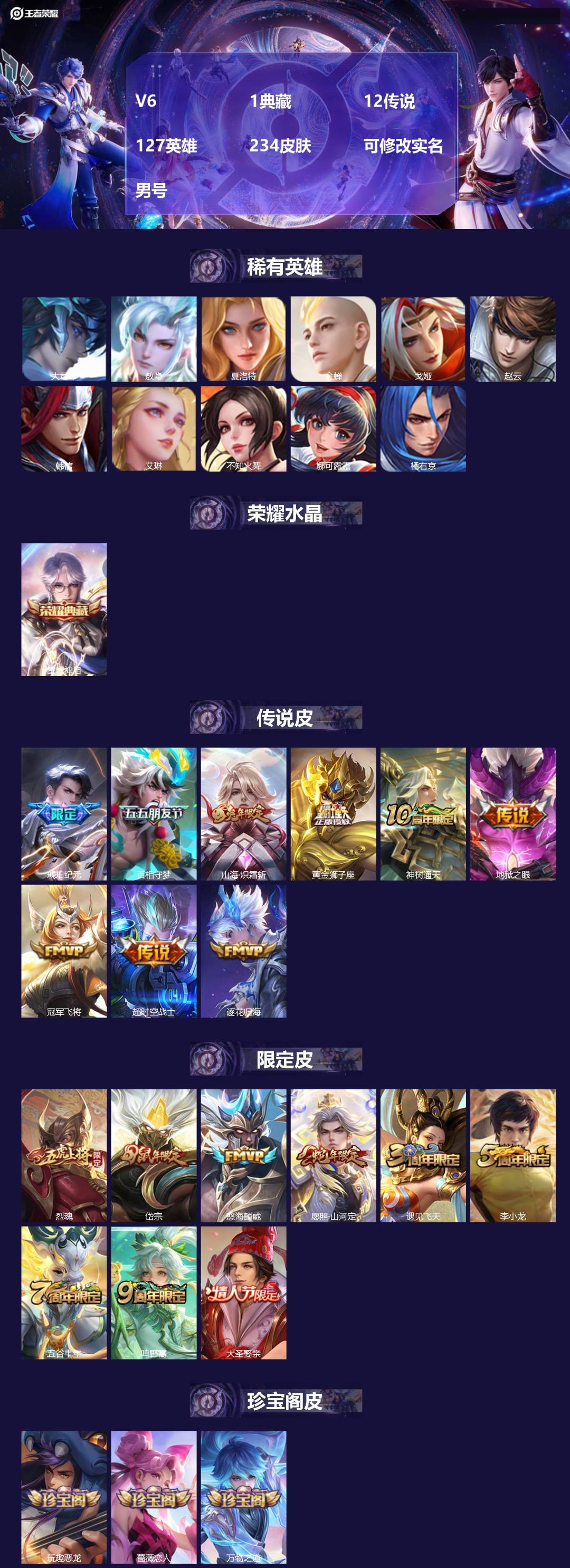 王者荣耀账号安卓QQ[17457648]V6 1典藏 12传说 127英雄 234皮肤 可修改实名 男号 
【英雄全皮】