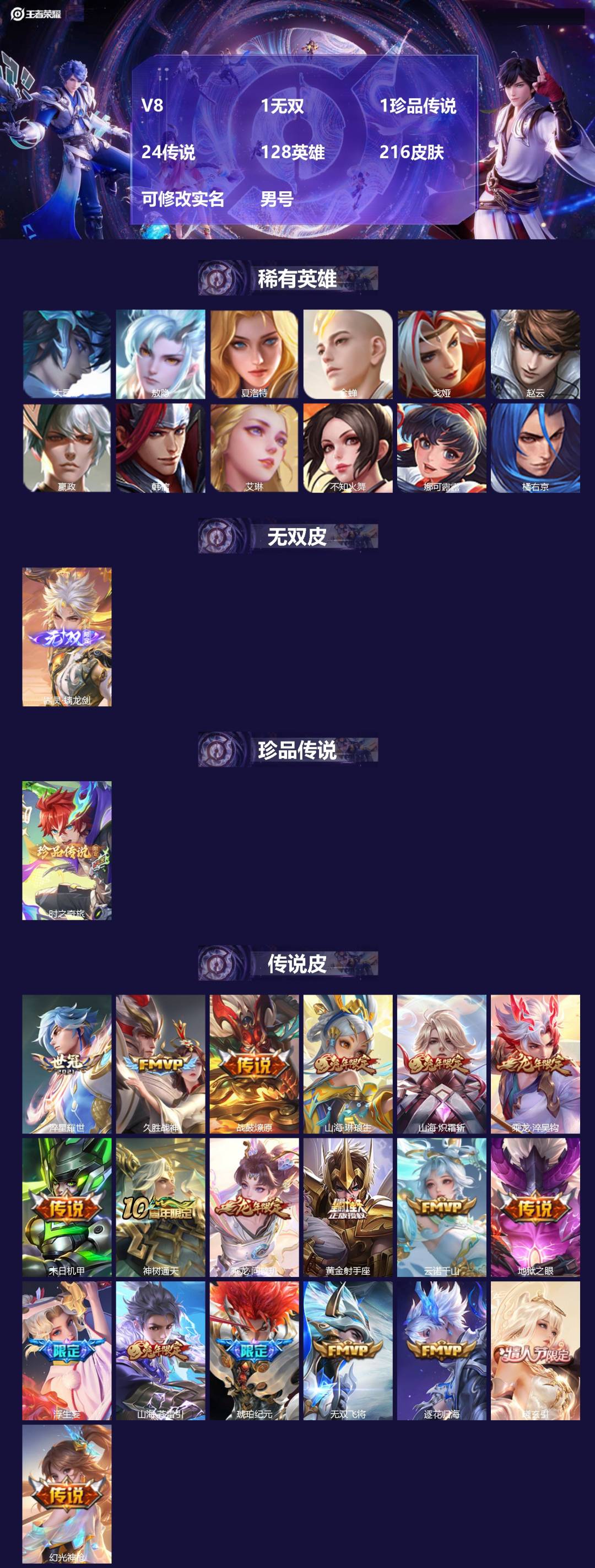 王者荣耀账号安卓QQ[17458386]V8 1无双 1珍品传说 24传说 128英雄 216皮肤 可修改实名 男号 
