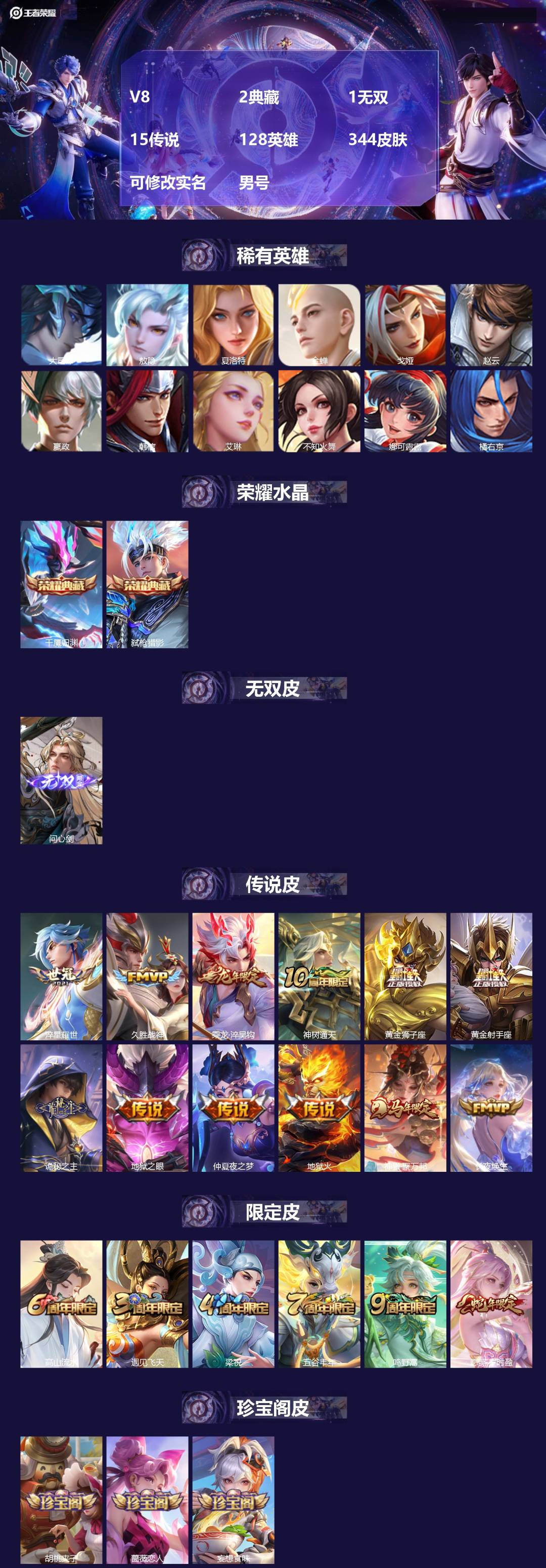 王者荣耀账号安卓QQV8 2典藏 1无双 15传说 128英雄 344皮肤 可修改实名 男号 
【英雄全皮】蒙恬全皮,元