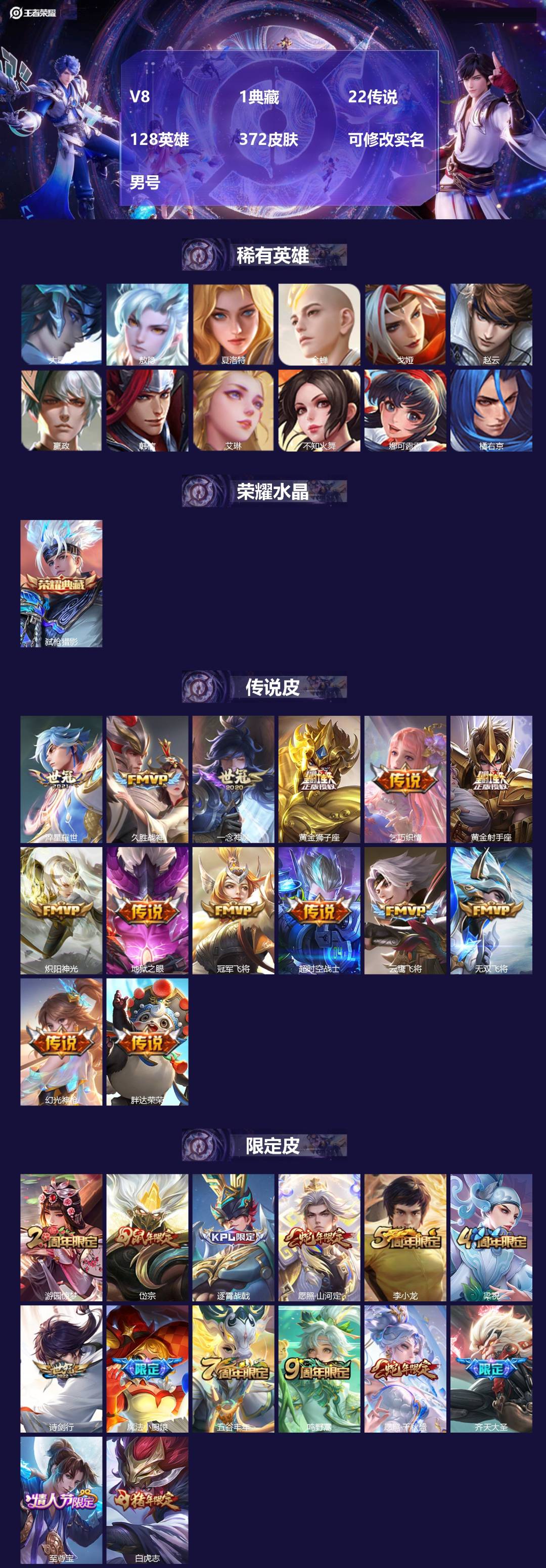 王者荣耀账号安卓QQ[17460736]V8 1典藏 22传说 128英雄 372皮肤 可修改实名 男号 
【英雄全皮】